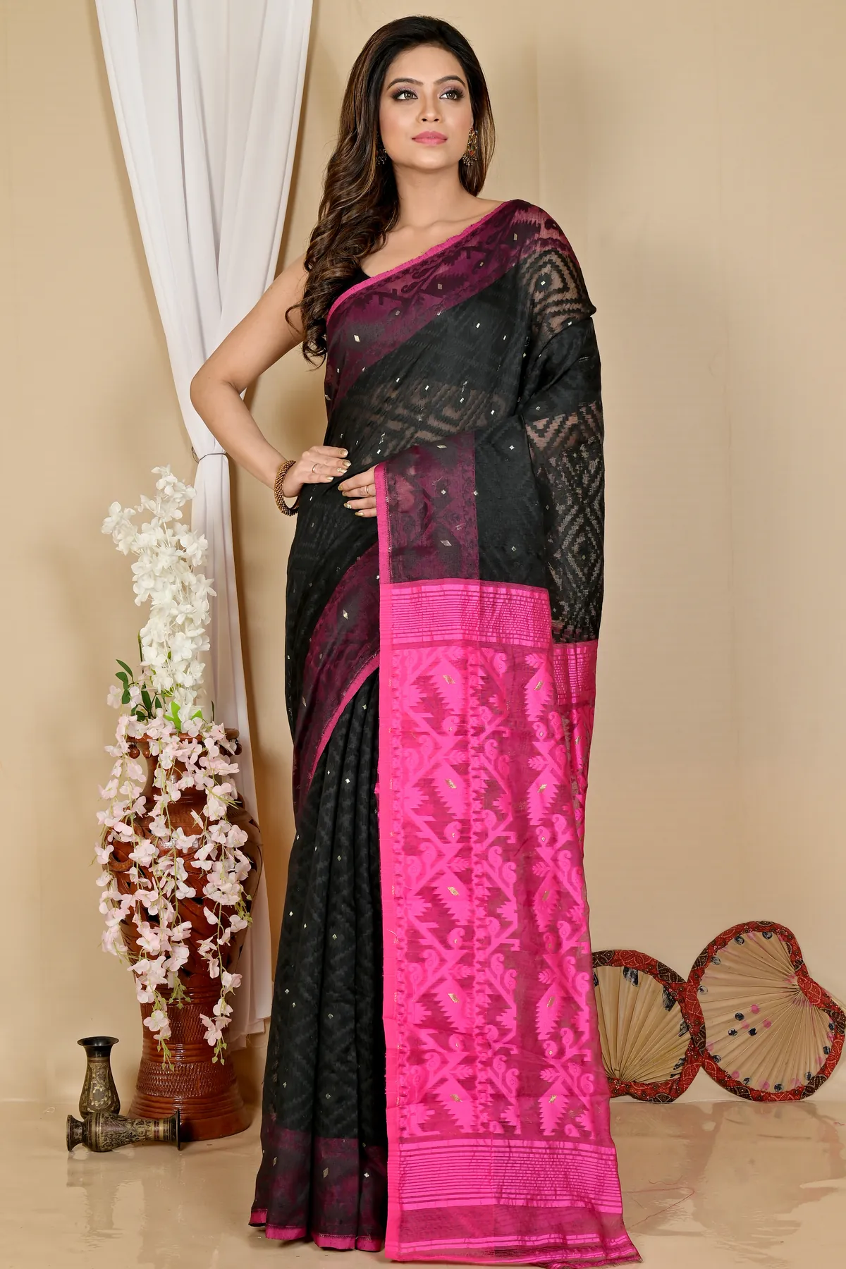DipDiya Blended Cotton Black Purple Krokai A Legacy Woven Jamdani Sarees
