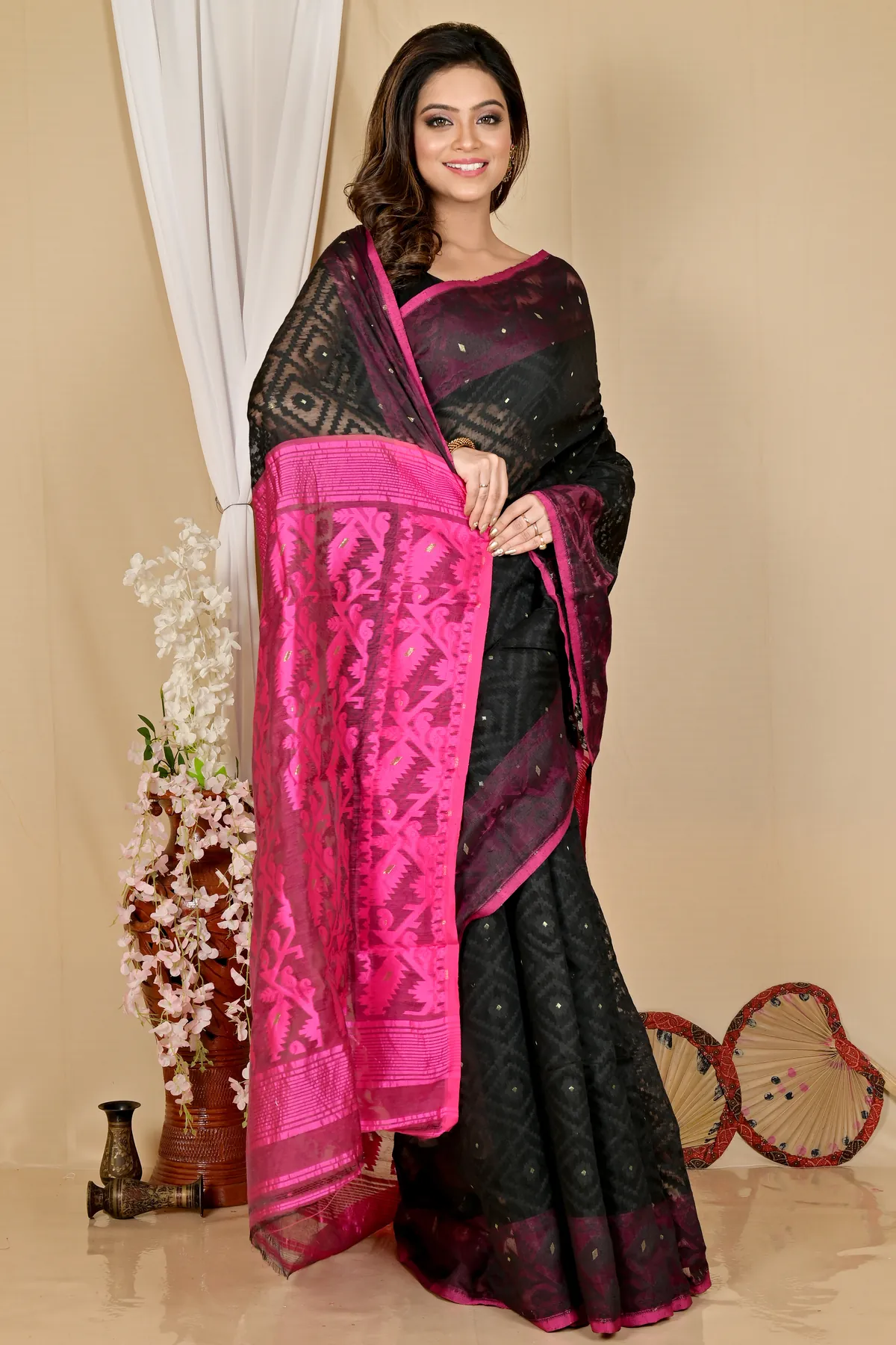 DipDiya Blended Cotton Black Purple Krokai A Legacy Woven Jamdani Sarees