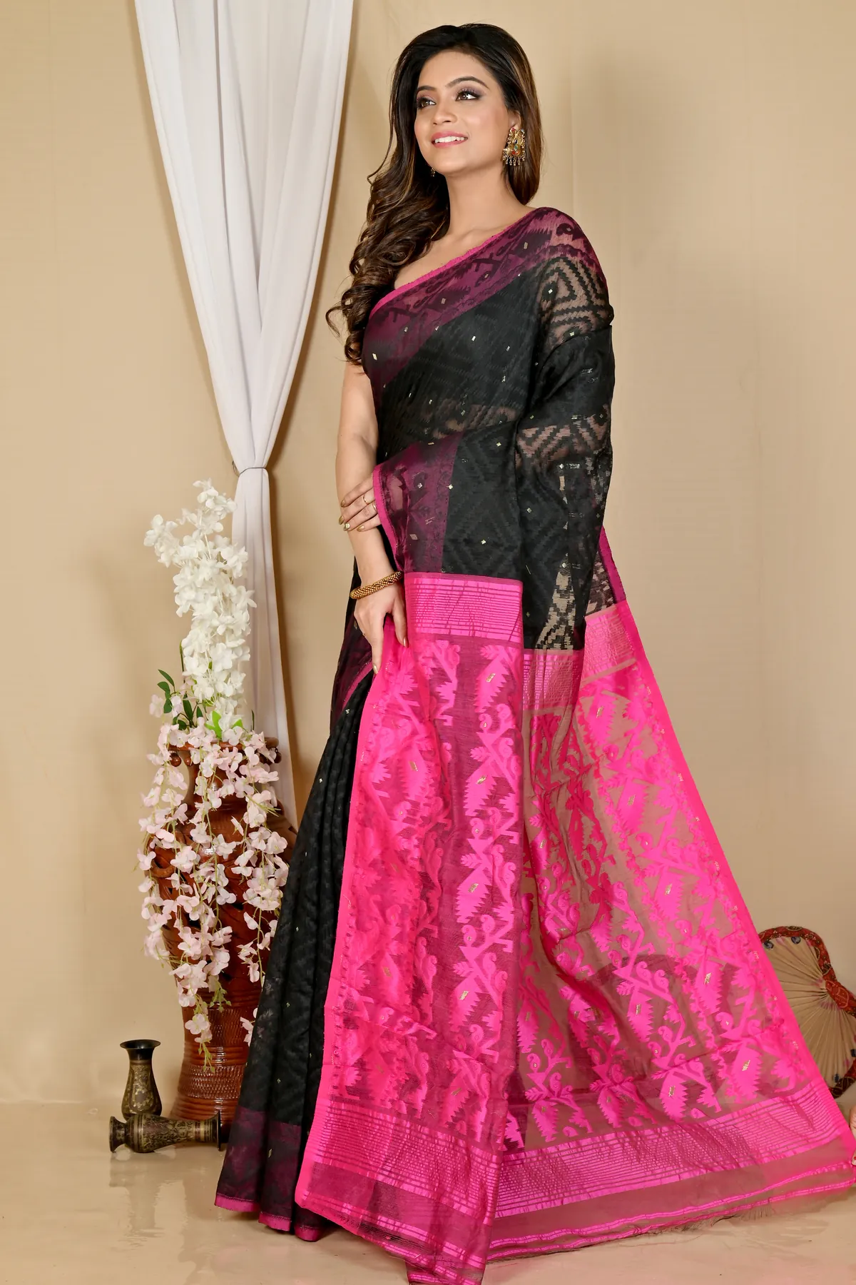 DipDiya Blended Cotton Black Purple Krokai A Legacy Woven Jamdani Sarees