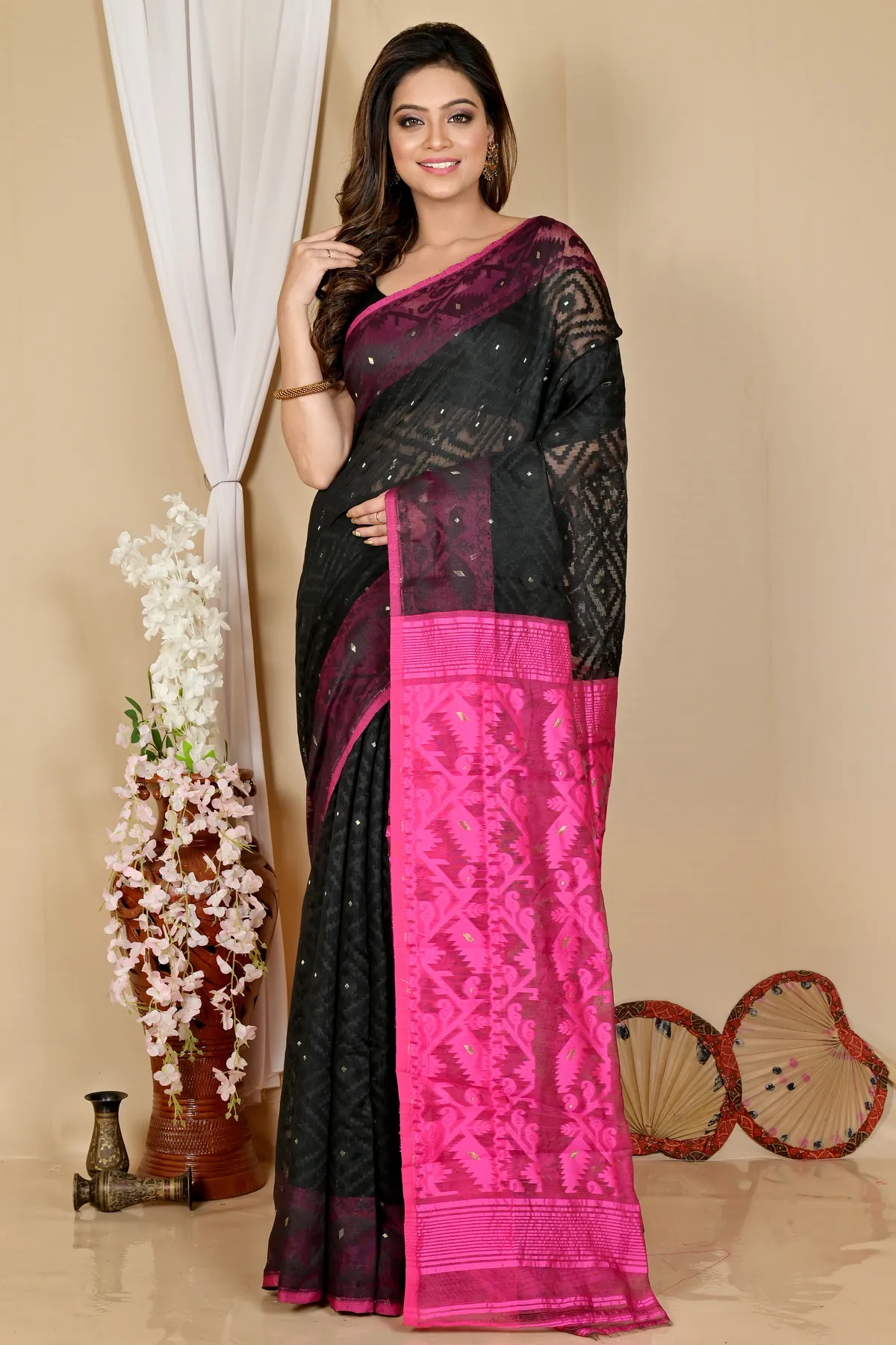 DipDiya Blended Cotton Black Purple Krokai A Legacy Woven Jamdani Sarees
