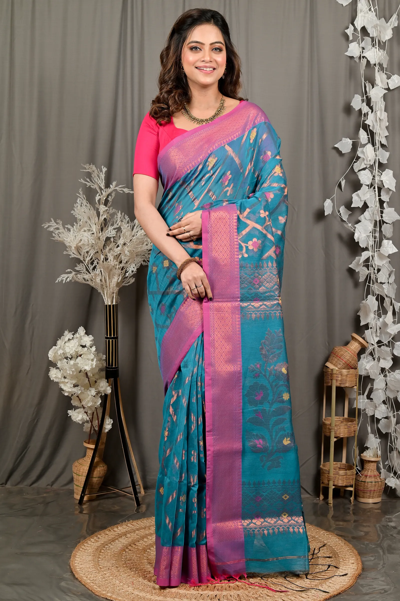 DipDiya Blended Cotton Blue Dinui Heritage of Bengal Handloom Sarees