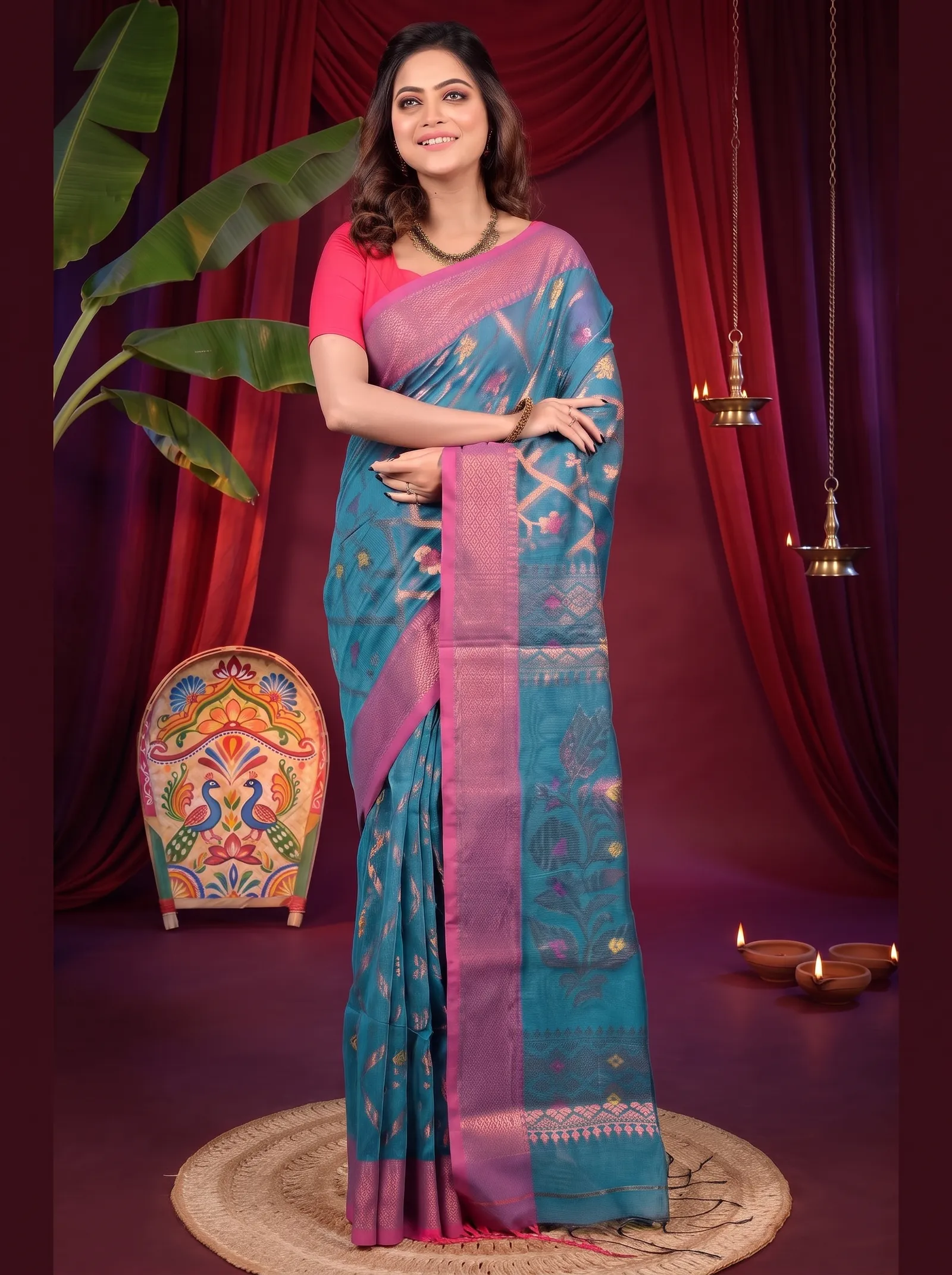 DipDiya Blended Cotton Blue Dinui Heritage of Bengal Handloom Sarees