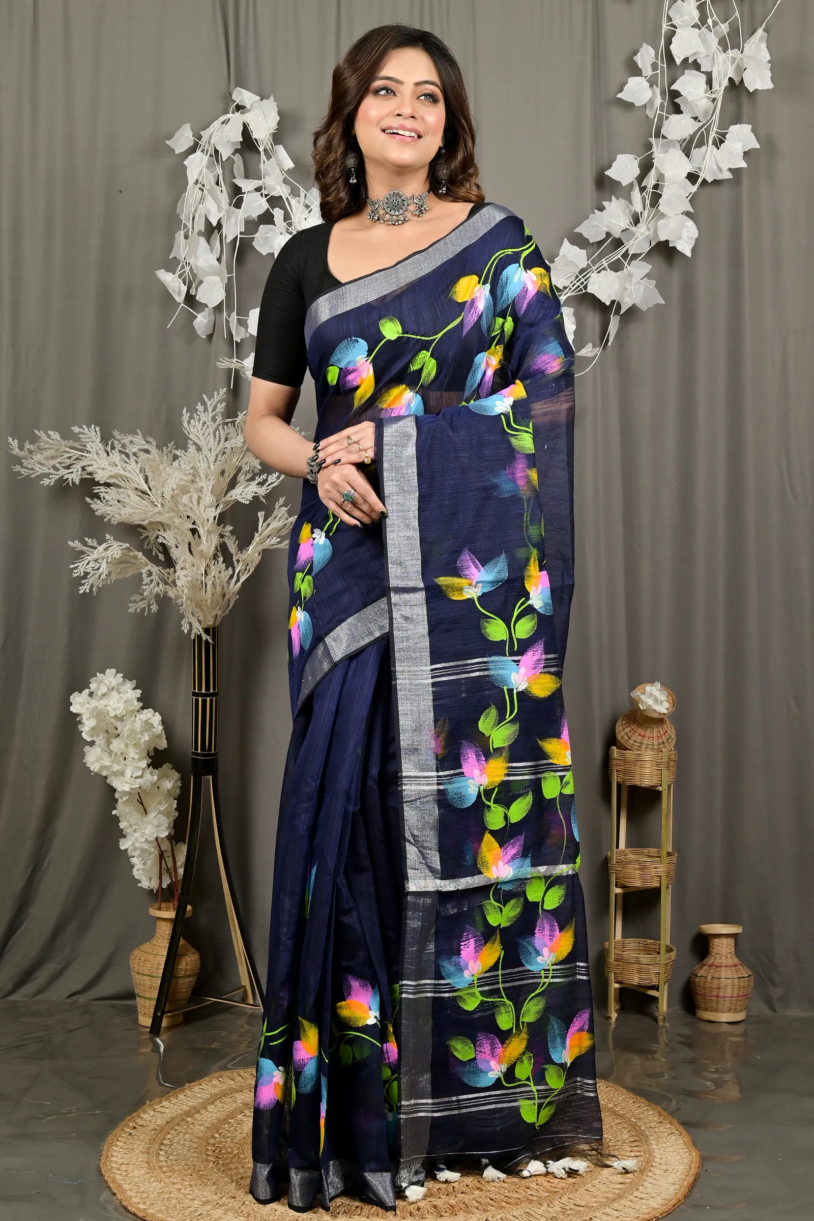 DipDiya Blended Cotton Blue Finesi Heritage You Can Wear Hand Painted Sarees