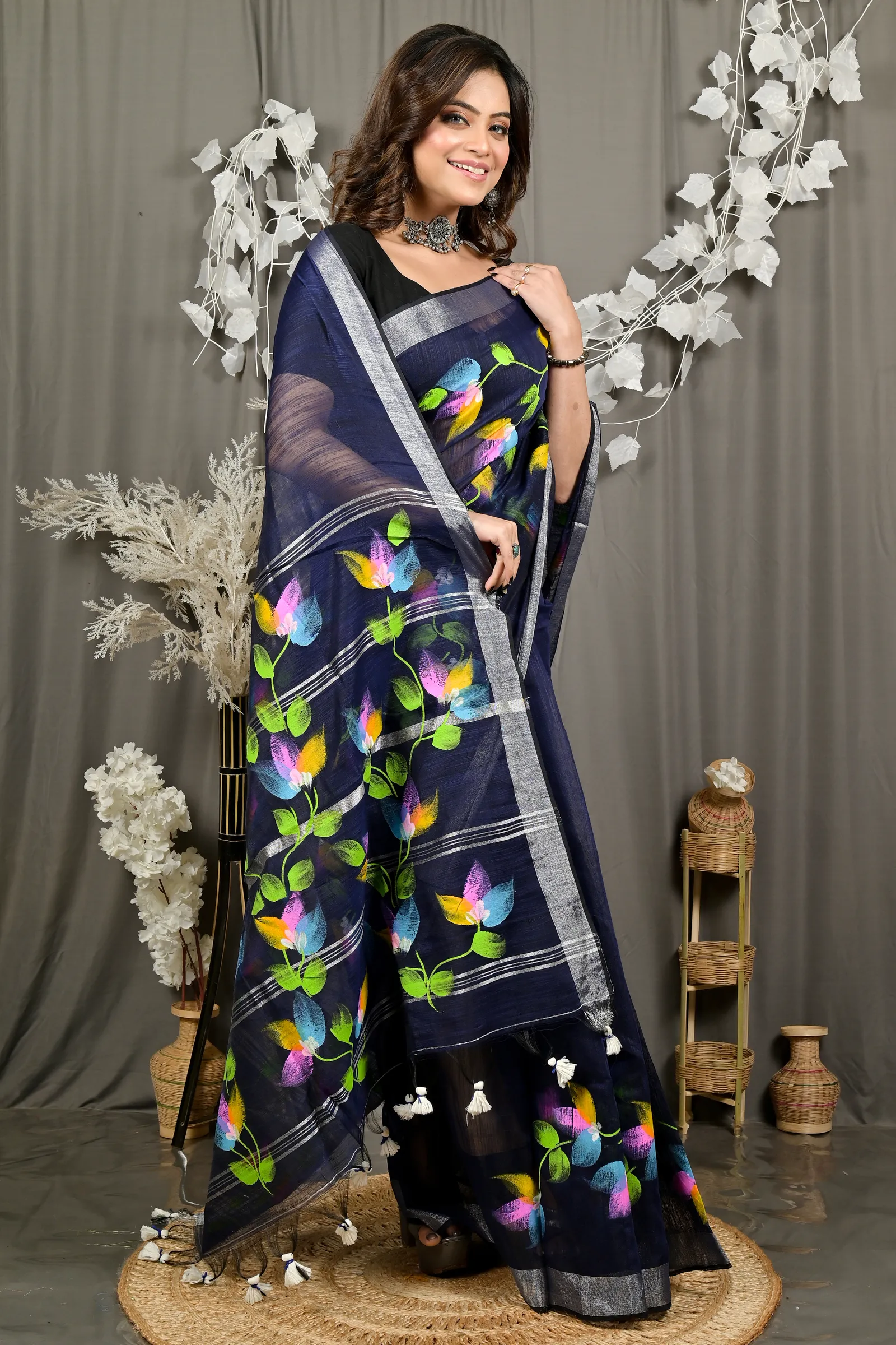 DipDiya Blended Cotton Blue Finesi Heritage You Can Wear Hand Painted Sarees
