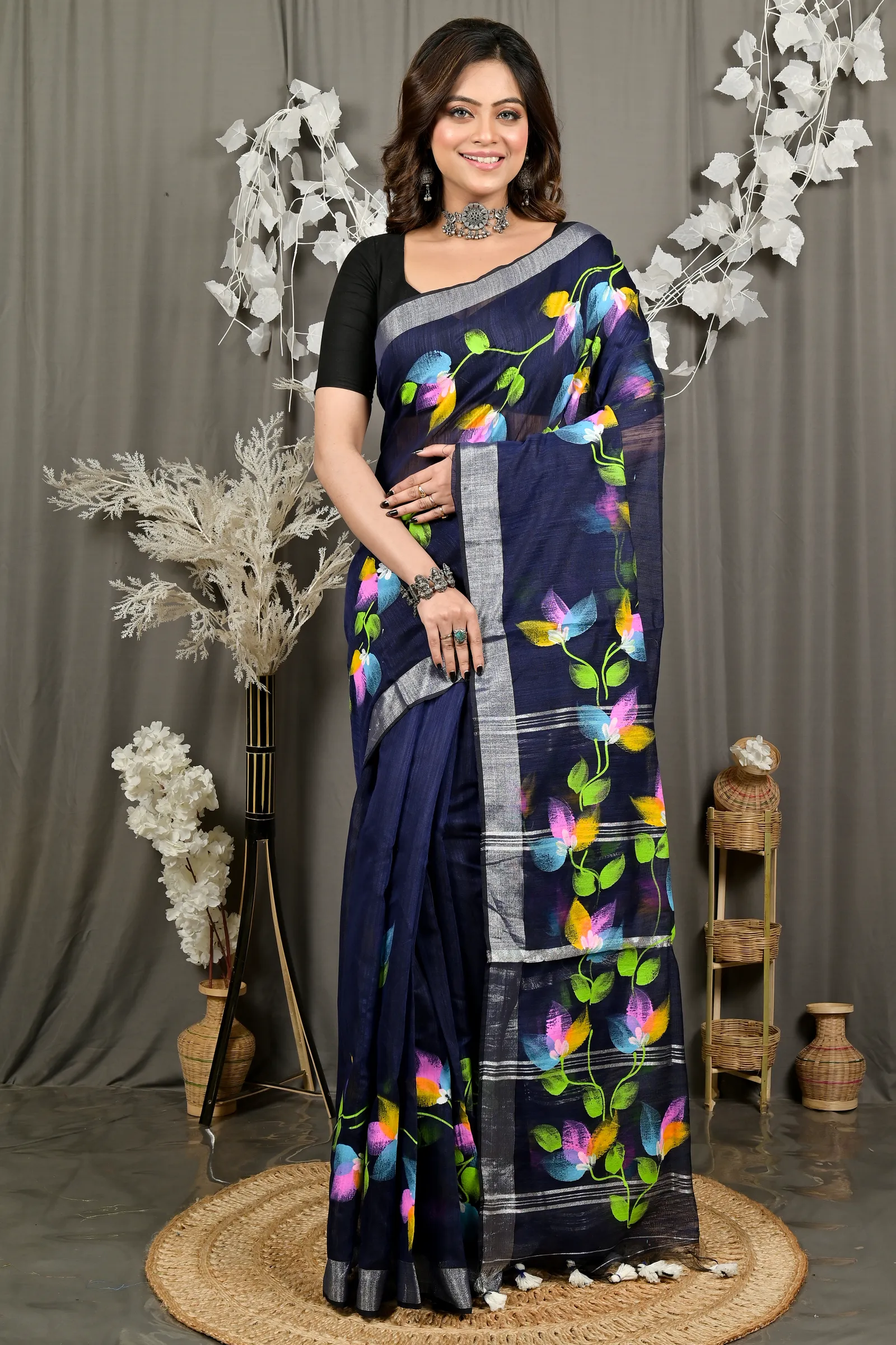 DipDiya Blended Cotton Blue Finesi Heritage You Can Wear Hand Painted Sarees