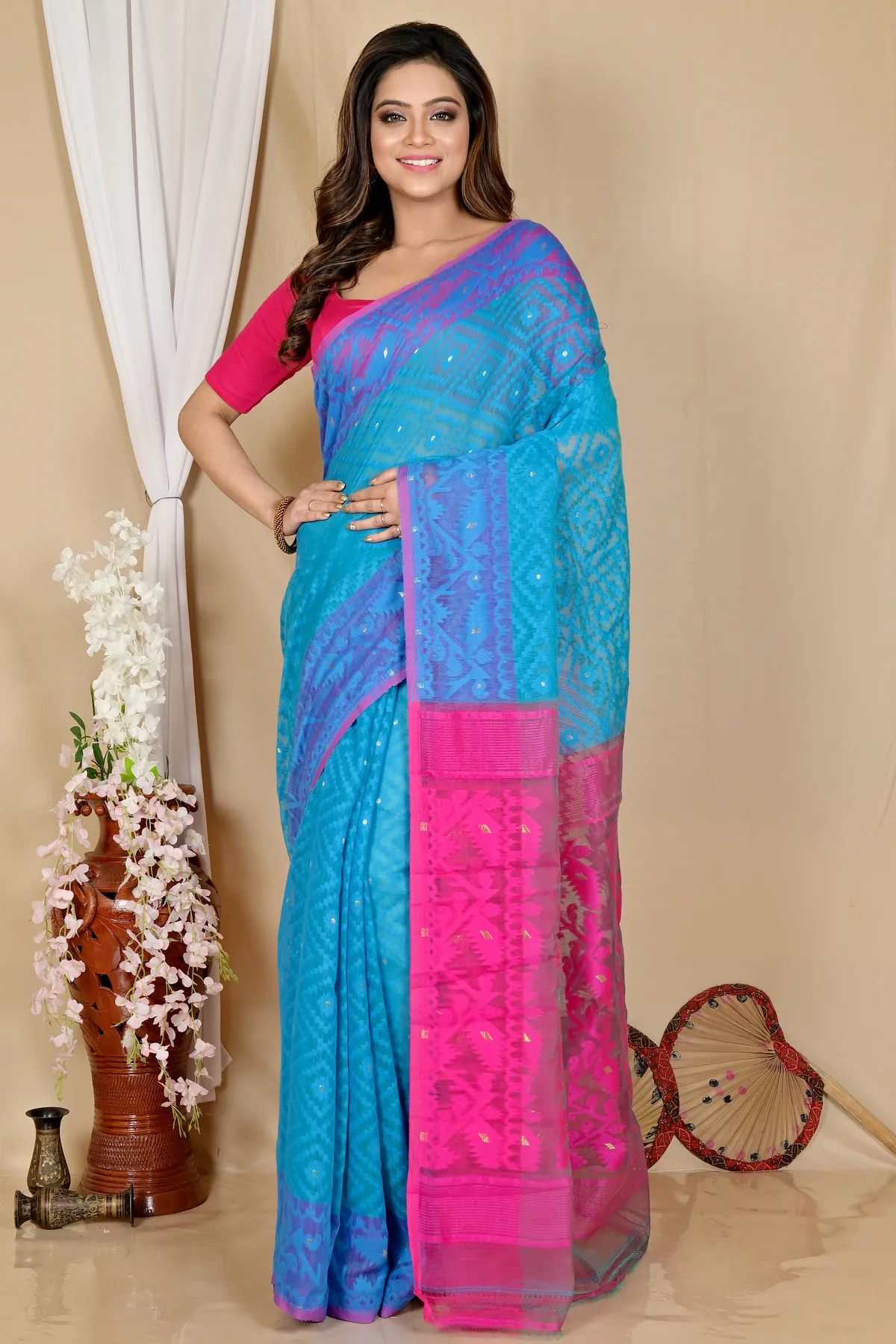 DipDiya Blended Cotton Blue Purple Krokai Artisan Crafted Jamdani Sarees