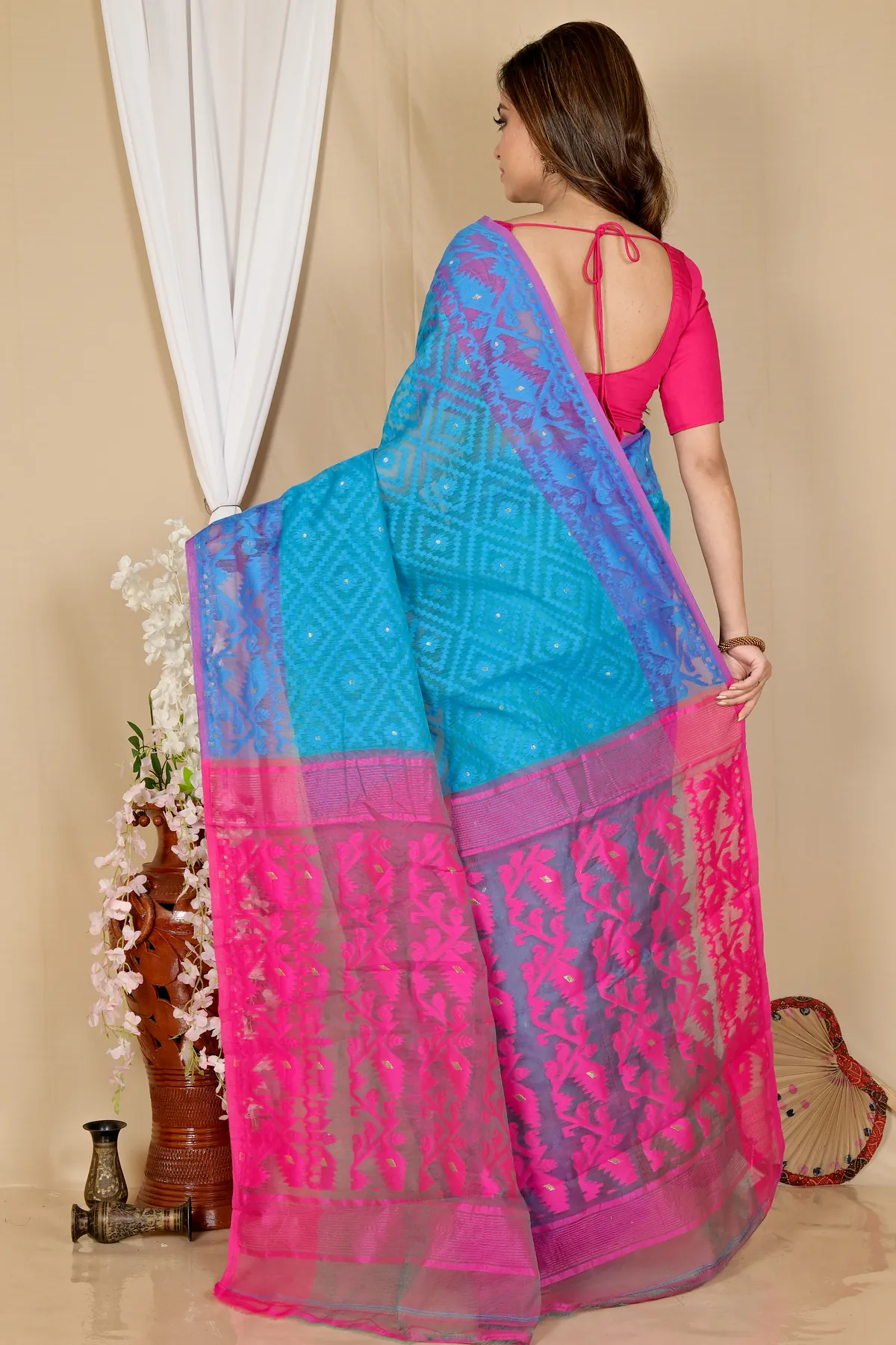 DipDiya Blended Cotton Blue Purple Krokai Artisan Crafted Jamdani Sarees