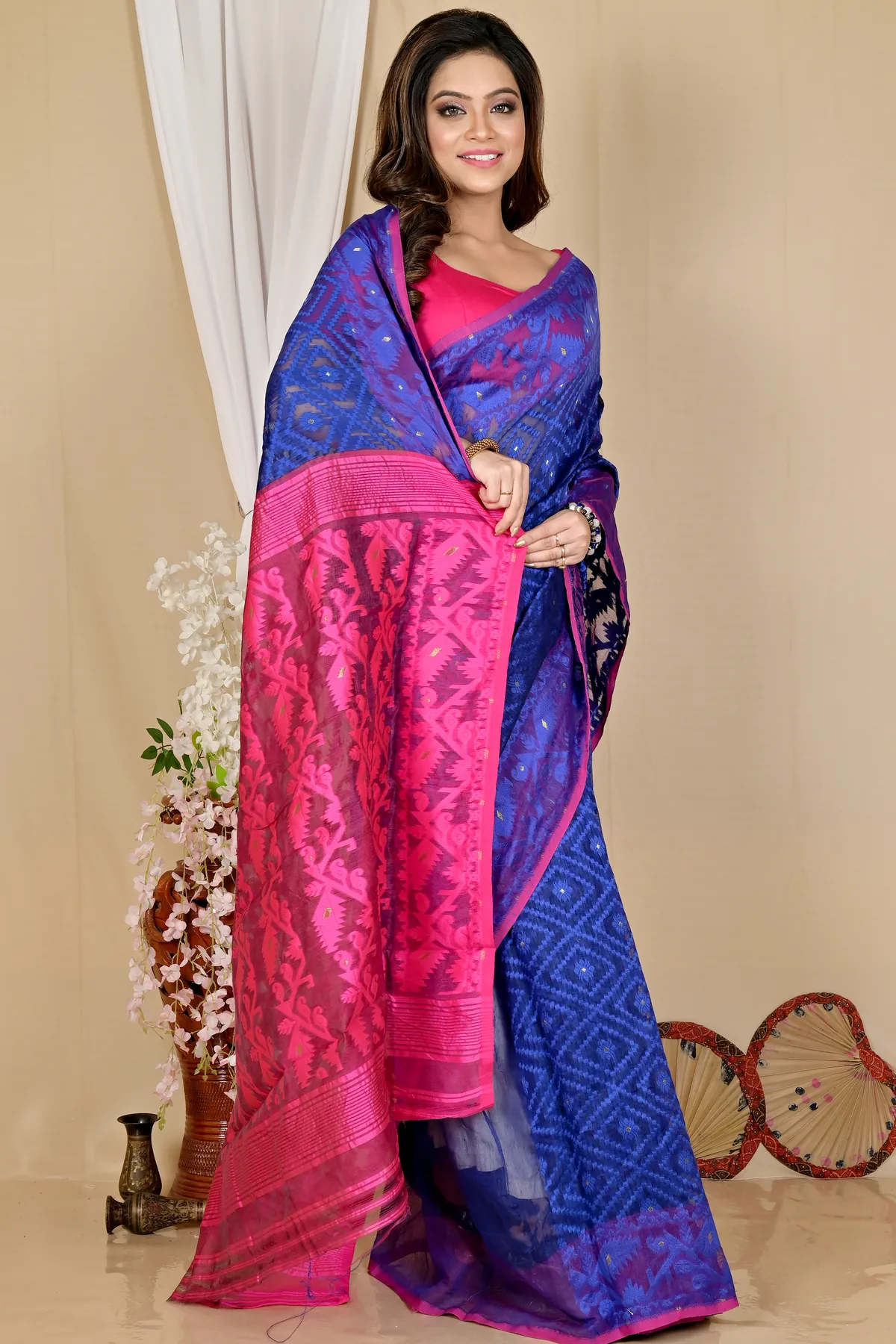 DipDiya Blended Cotton Blue Purple Krokai Bengal in Every Thread Jamdani Sarees