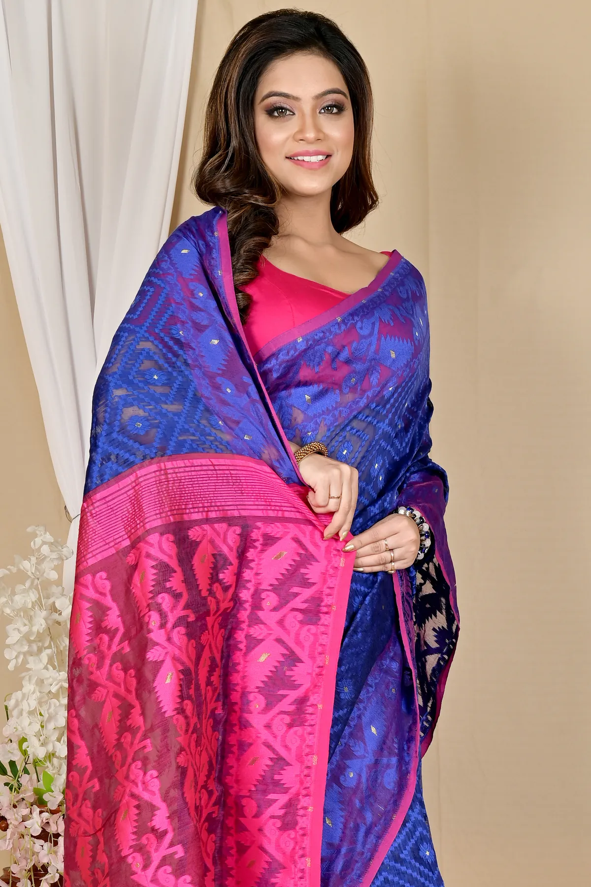 DipDiya Blended Cotton Blue Purple Krokai Bengal in Every Thread Jamdani Sarees