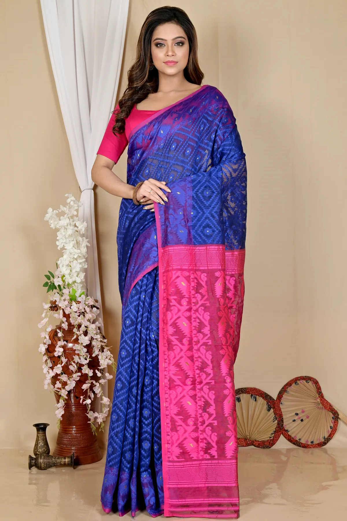 DipDiya Blended Cotton Blue Purple Krokai Bengal in Every Thread Jamdani Sarees