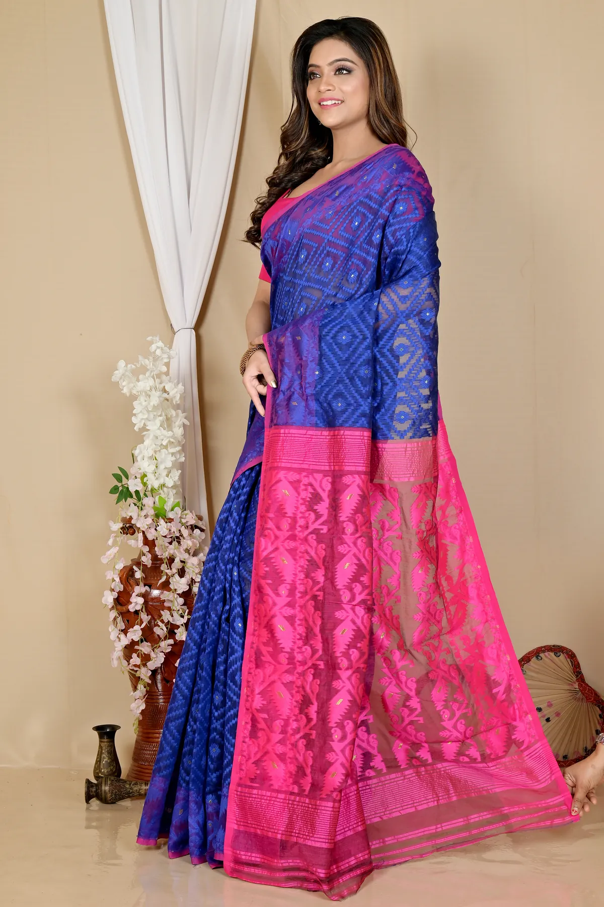 DipDiya Blended Cotton Blue Purple Krokai Bengal in Every Thread Jamdani Sarees