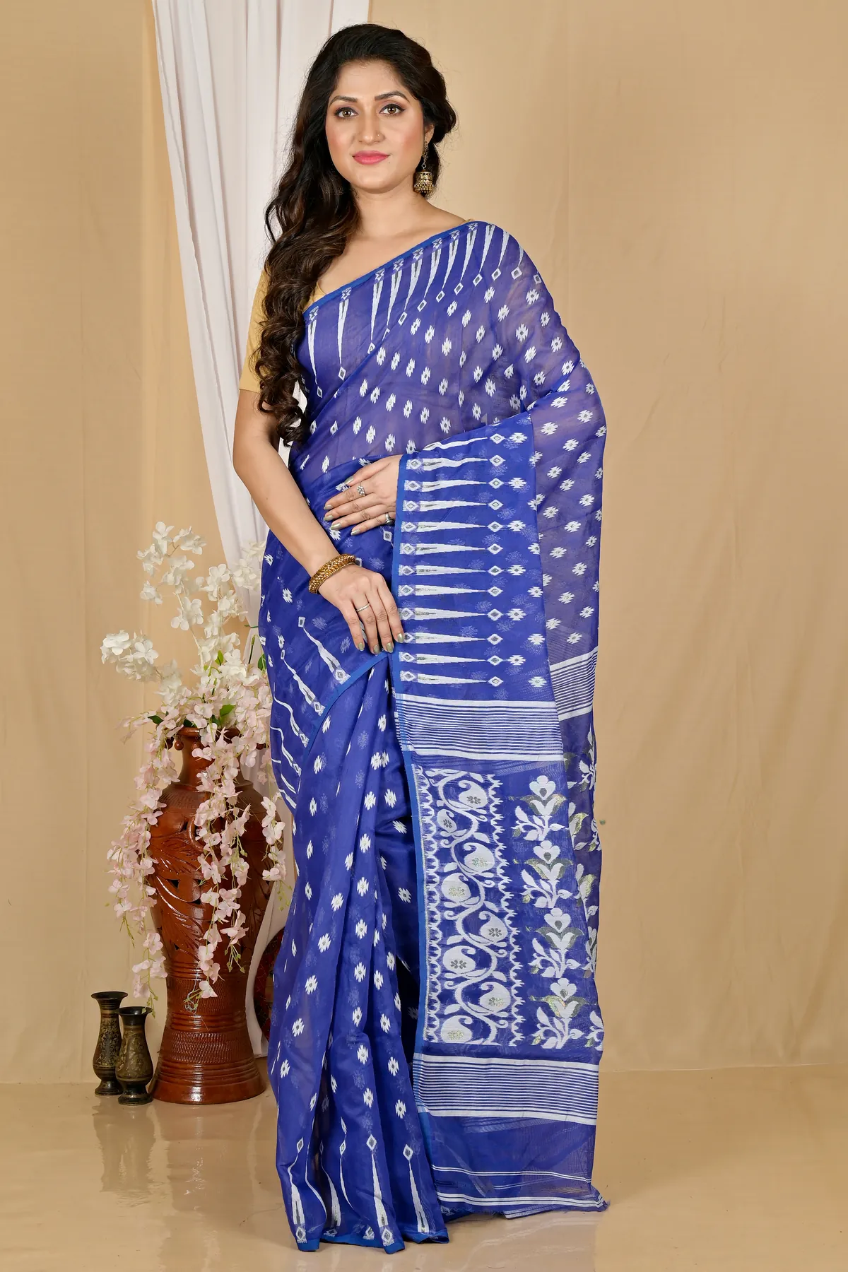 DipDiya Blended Cotton Blue Rapial Heritage You Can Wear Jamdani Sarees