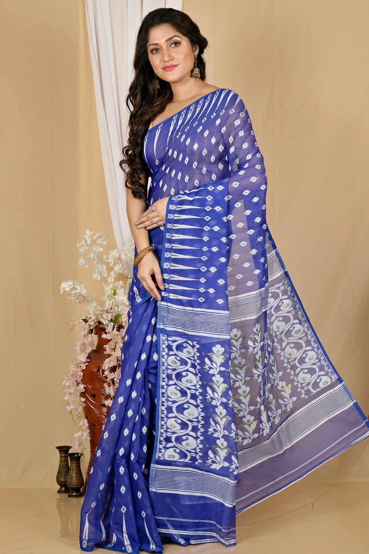 DipDiya Blended Cotton Blue Rapial Heritage You Can Wear Jamdani Sarees