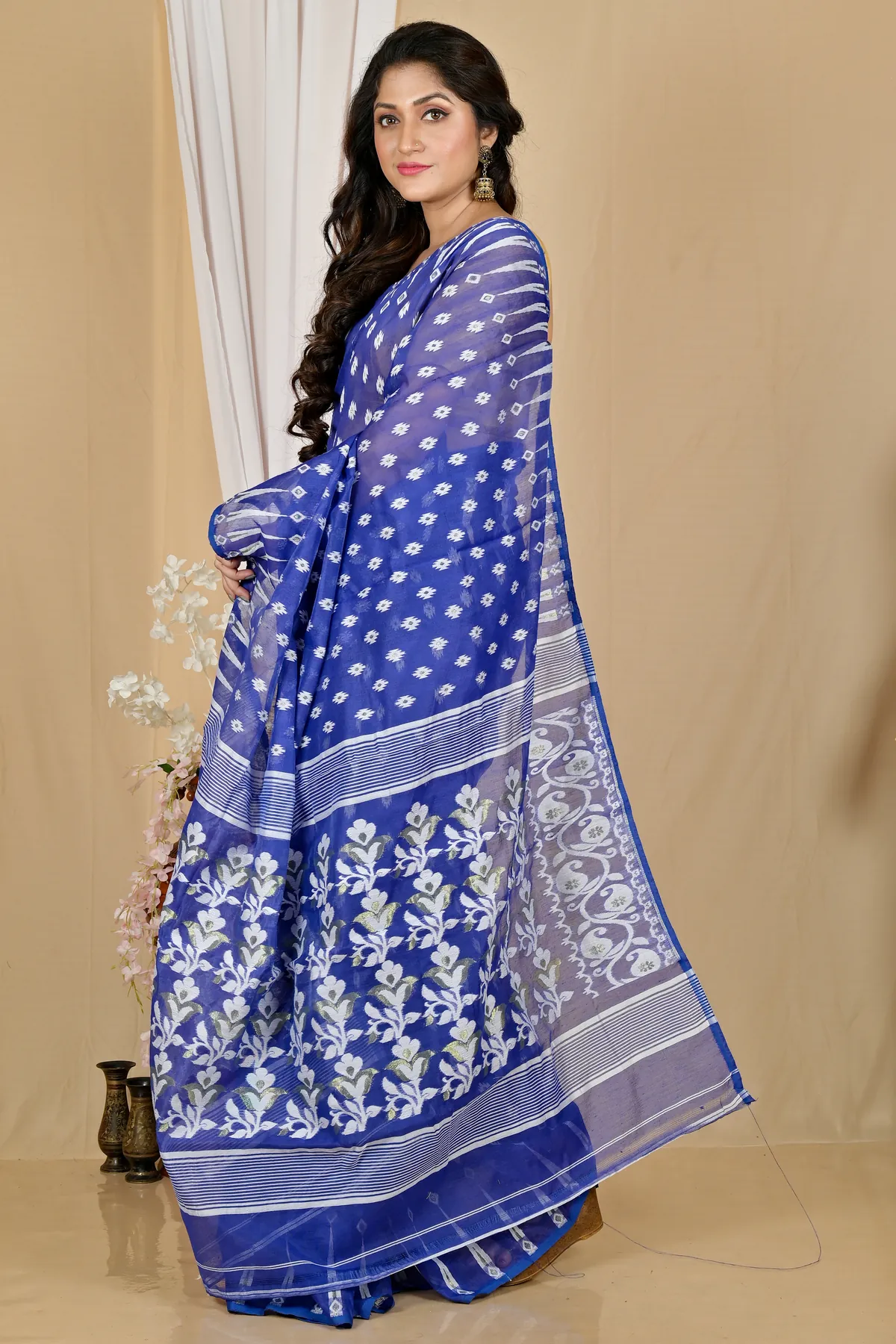 DipDiya Blended Cotton Blue Rapial Heritage You Can Wear Jamdani Sarees