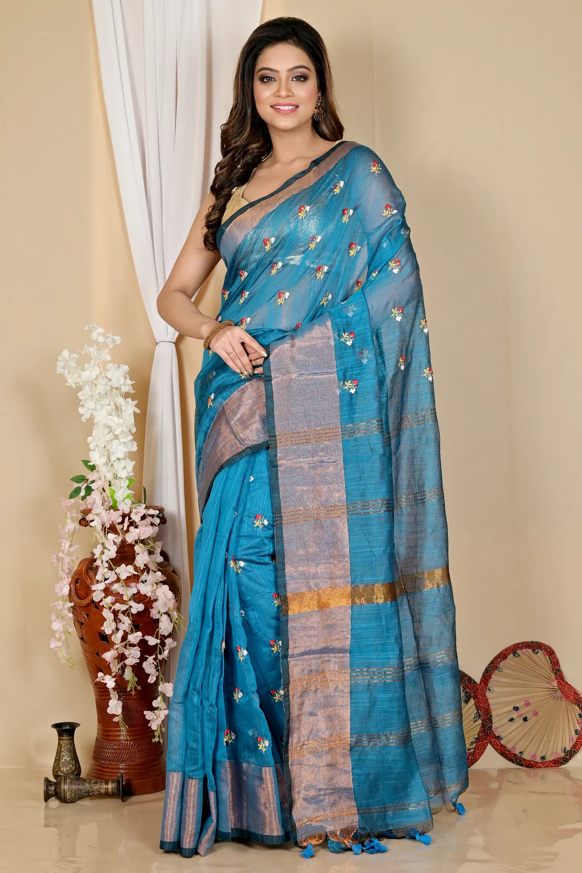 DipDiya Blended Cotton Blue Slabaka Moli Artisan Woven Handloom Sarees