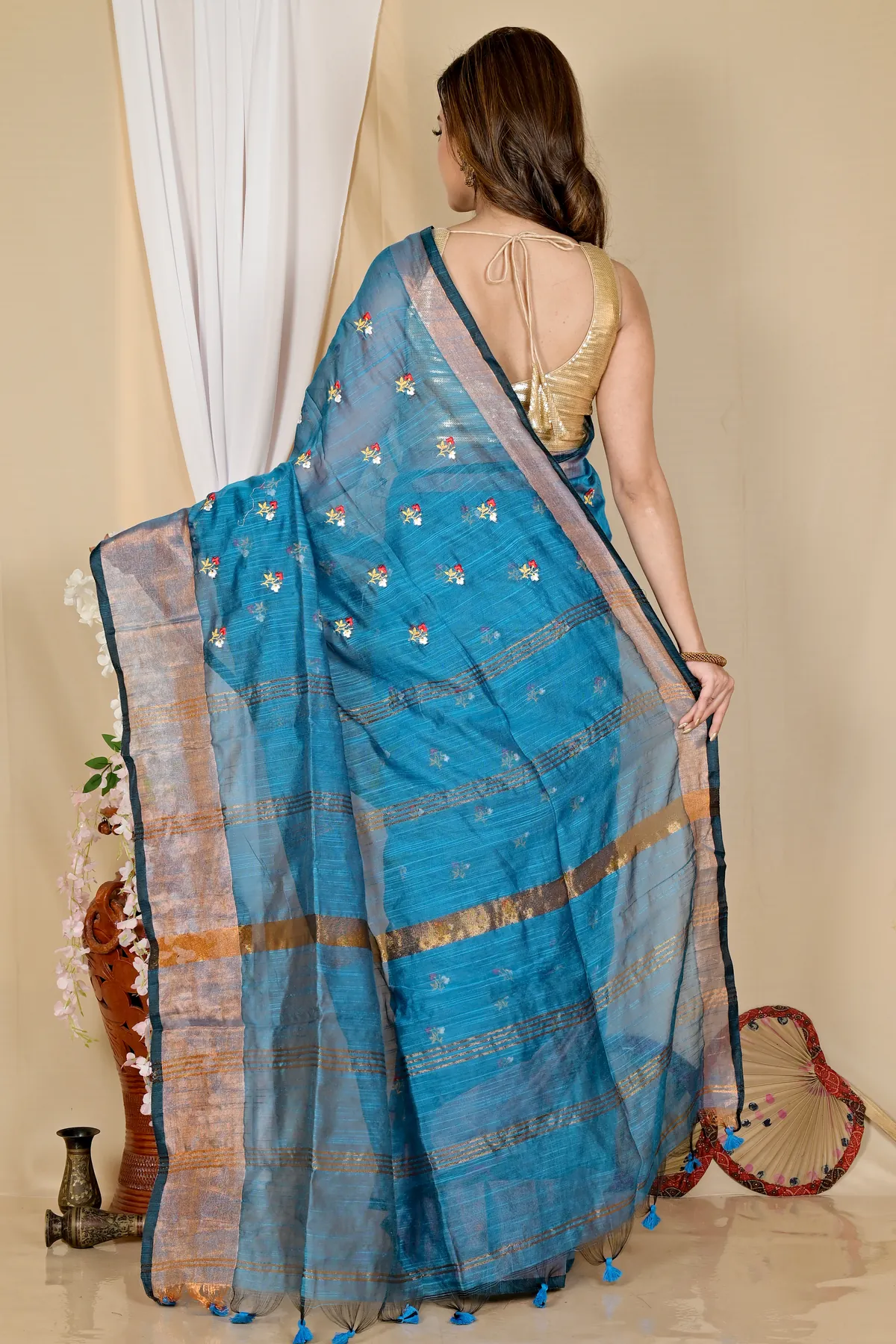 DipDiya Blended Cotton Blue Slabaka Moli Artisan Woven Handloom Sarees