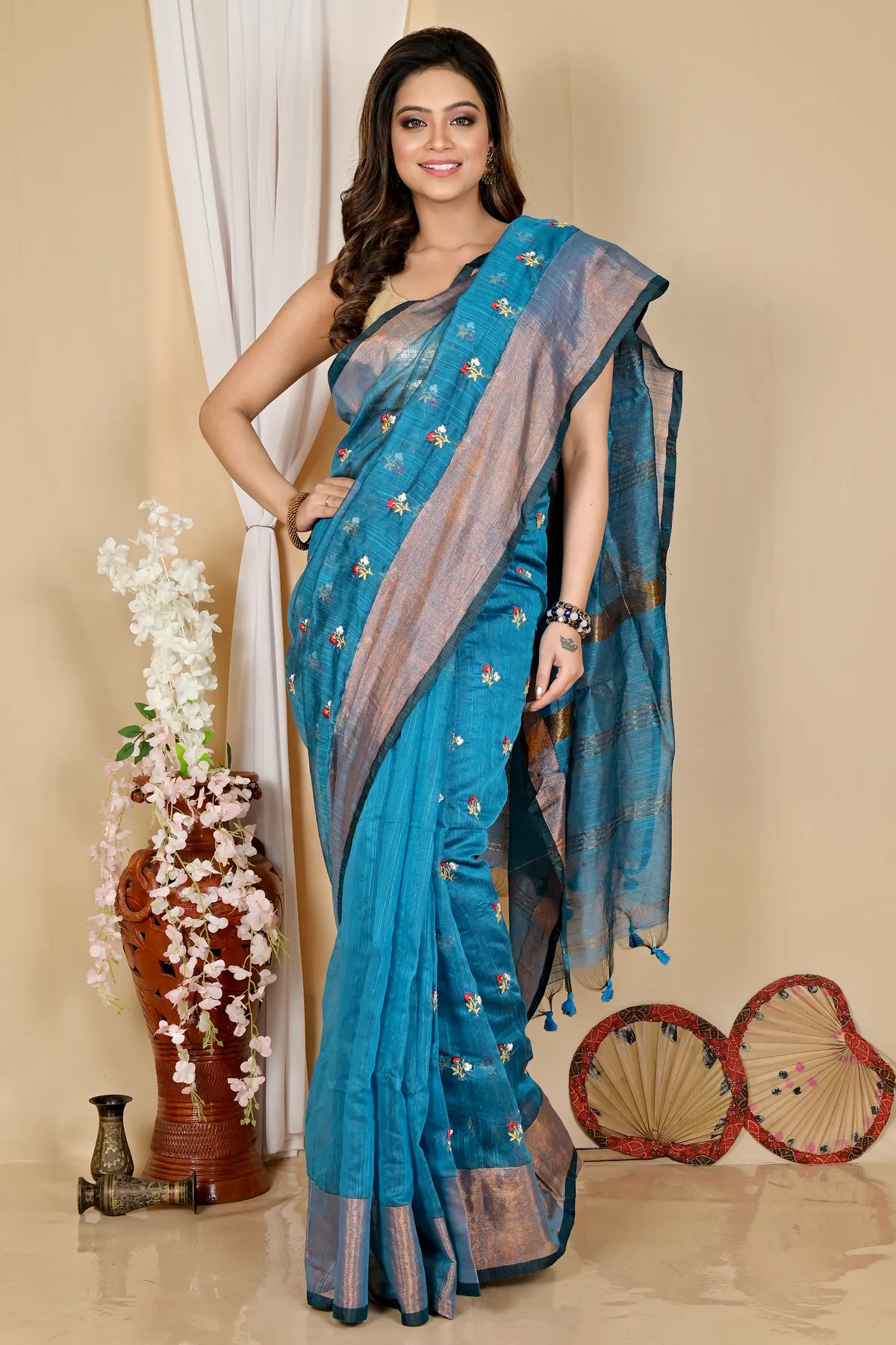 DipDiya Blended Cotton Blue Slabaka Moli Artisan Woven Handloom Sarees
