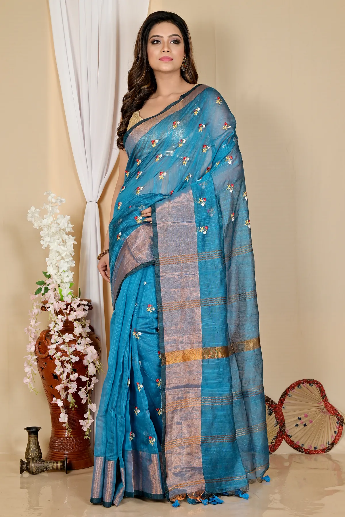 DipDiya Blended Cotton Blue Slabaka Moli Artisan Woven Handloom Sarees