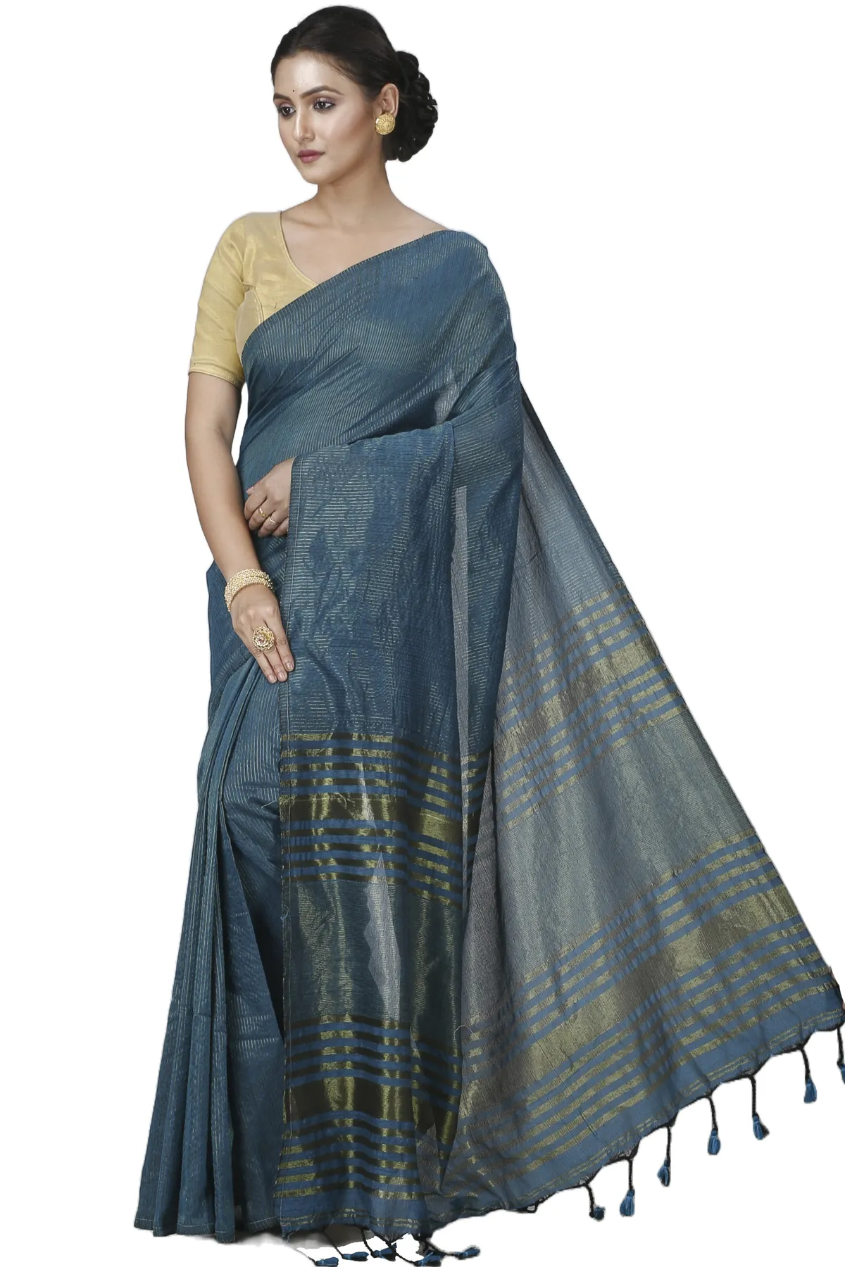 DipDiya Blended Cotton Botel Green Tama Traditional Bengali Handloom Sarees