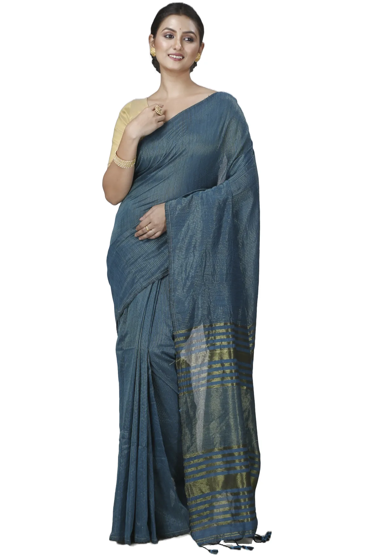 DipDiya Blended Cotton Botel Green Tama Traditional Bengali Handloom Sarees