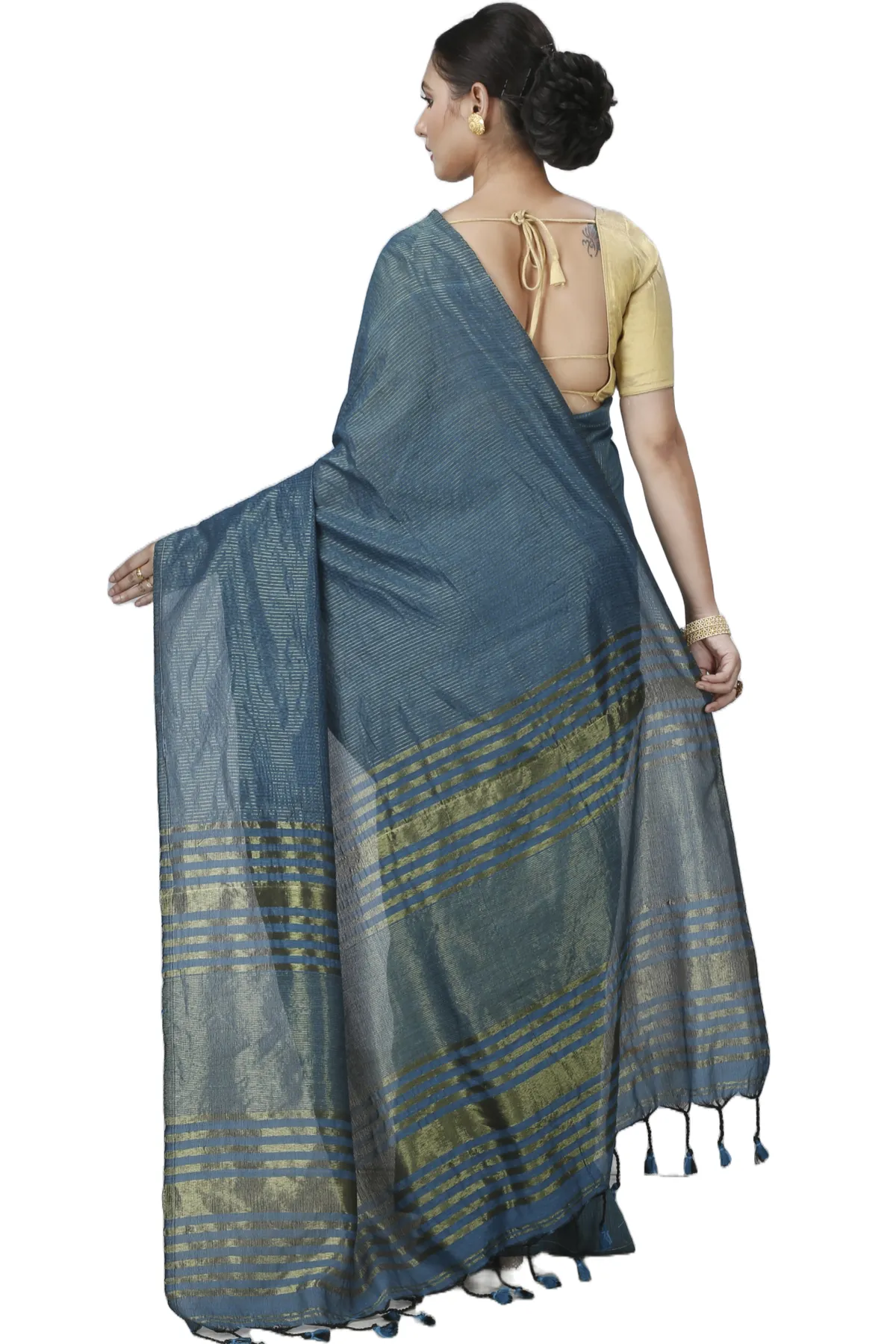 DipDiya Blended Cotton Botel Green Tama Traditional Bengali Handloom Sarees