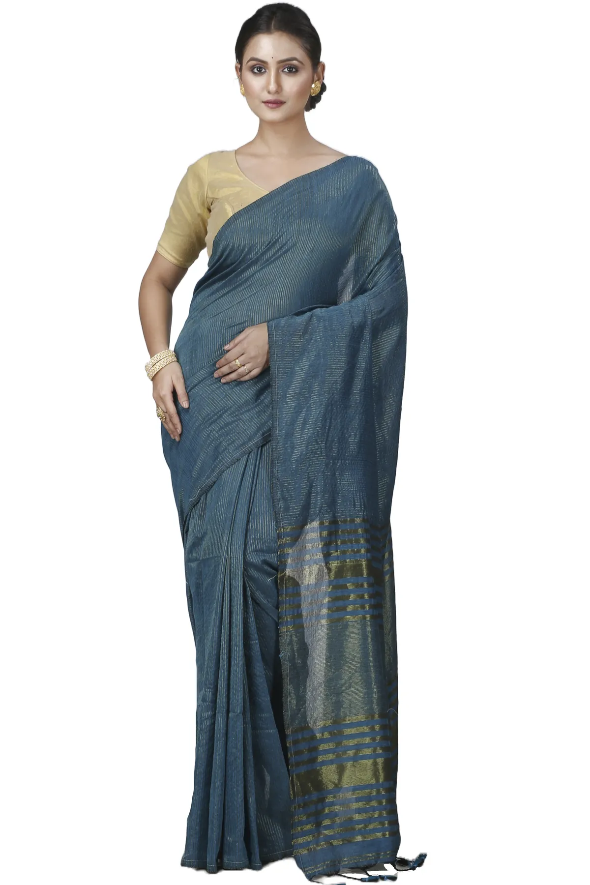 DipDiya Blended Cotton Botel Green Tama Traditional Bengali Handloom Sarees