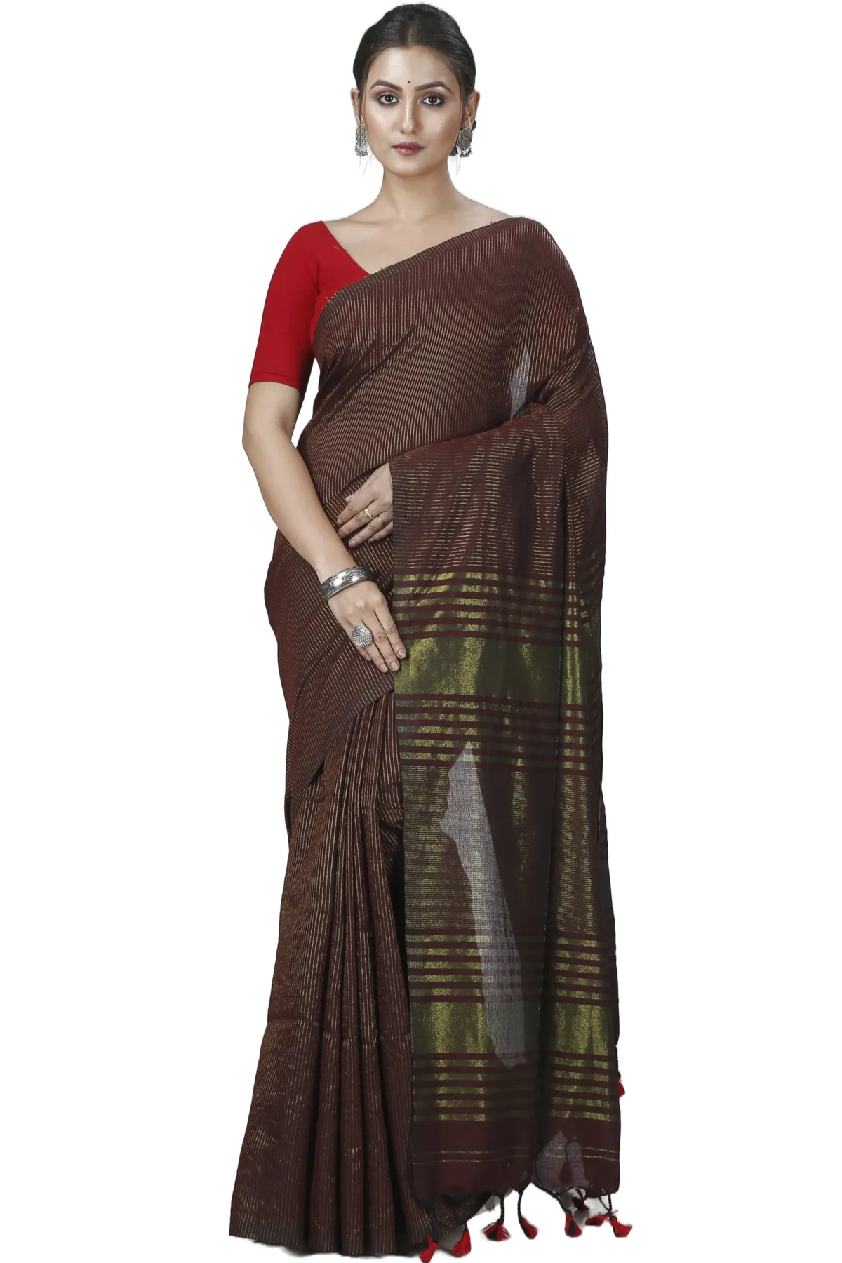 DipDiya Blended Cotton Brown Tama Woven with Love Handloom Sarees