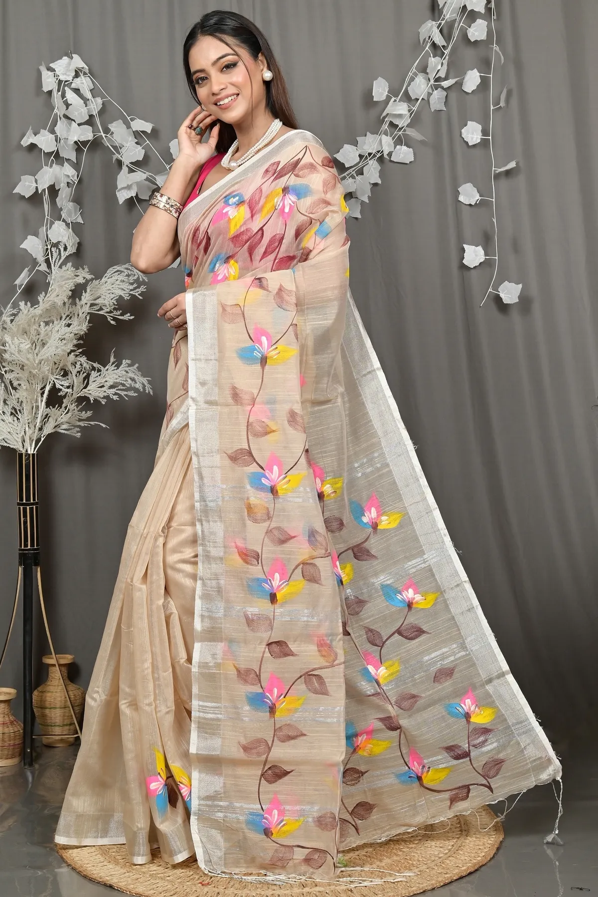 DipDiya Blended Cotton Cream Finesi Heritage of Bengali Hand Painted Sarees