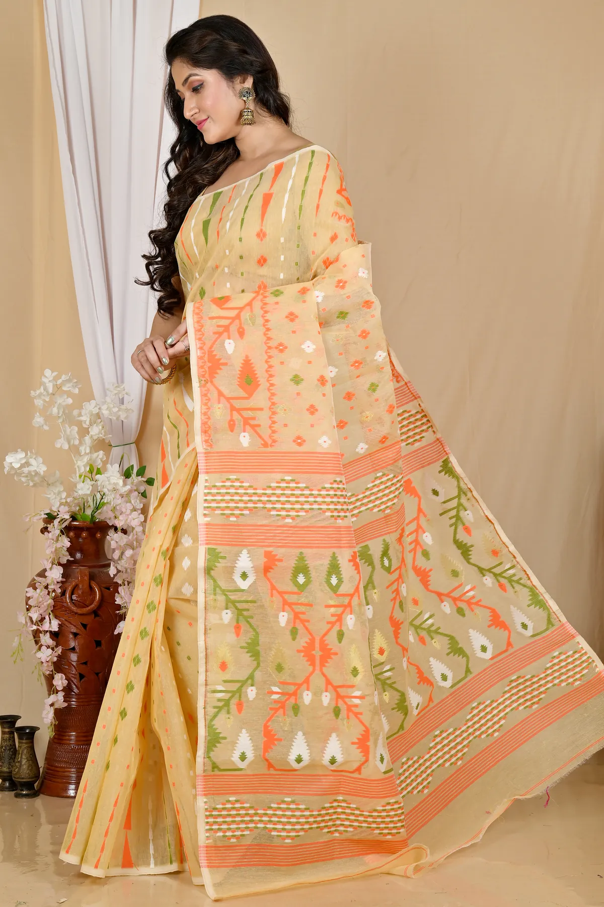 DipDiya Blended Cotton Cream Rapkol Tradition in Every Thread Jamdani Sarees