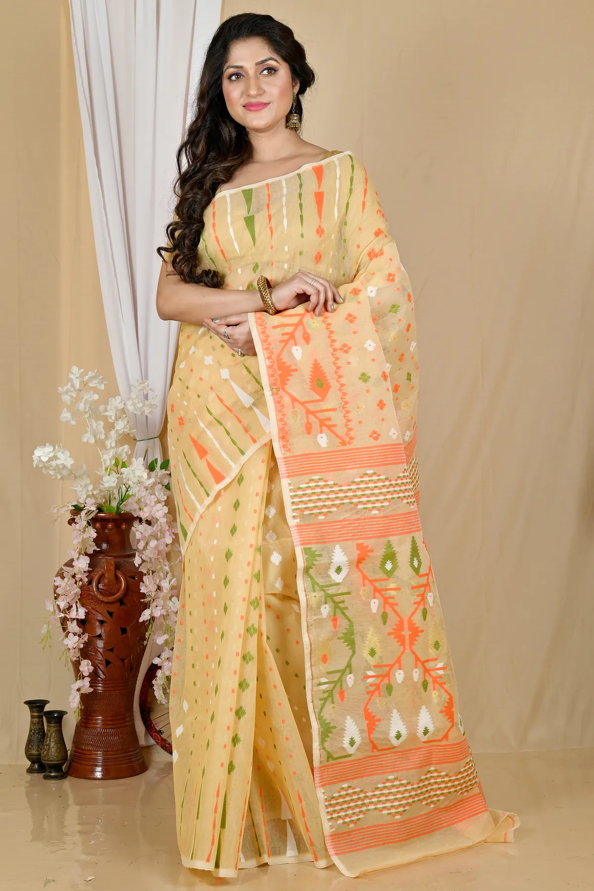 DipDiya Blended Cotton Cream Rapkol Tradition in Every Thread Jamdani Sarees