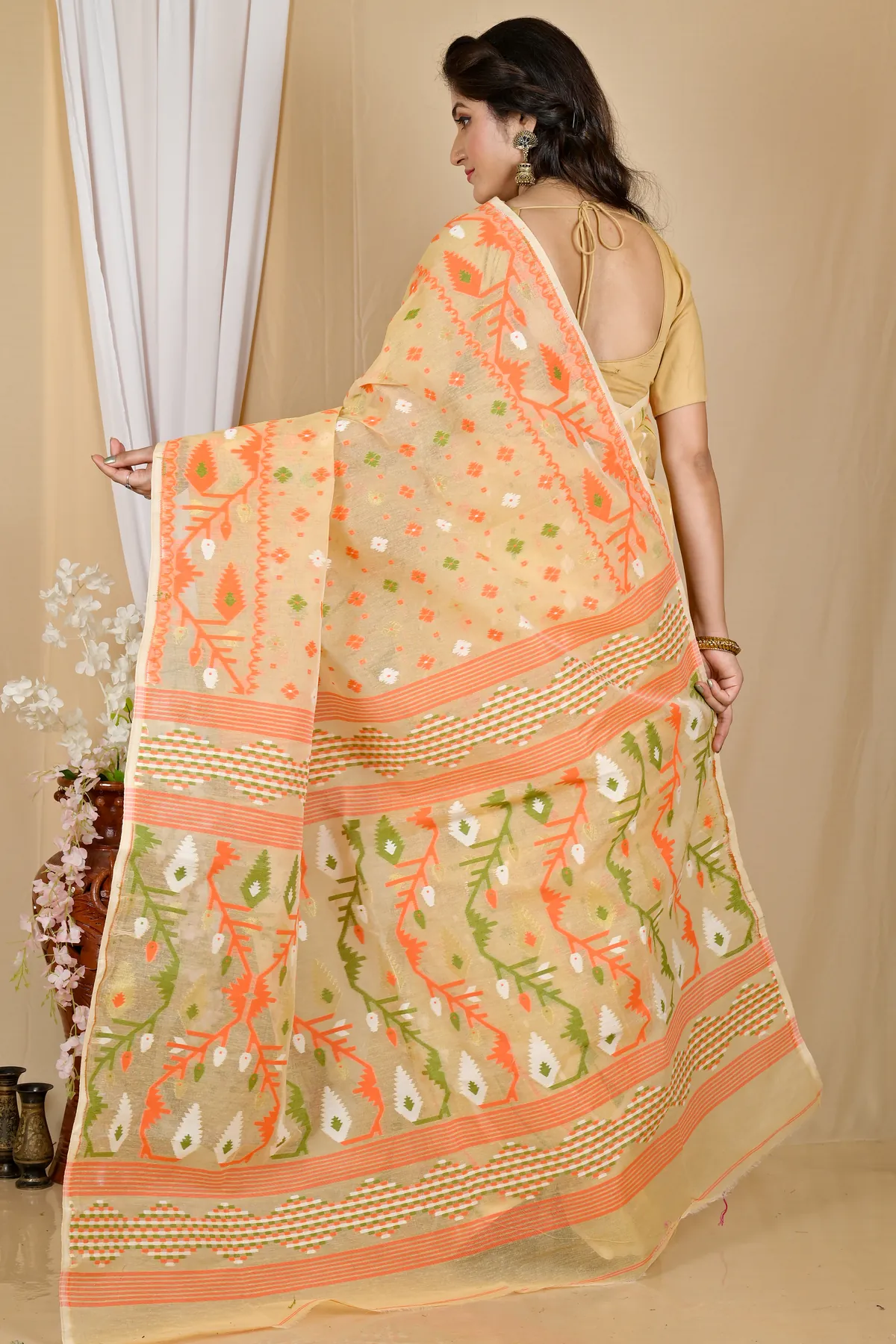 DipDiya Blended Cotton Cream Rapkol Tradition in Every Thread Jamdani Sarees