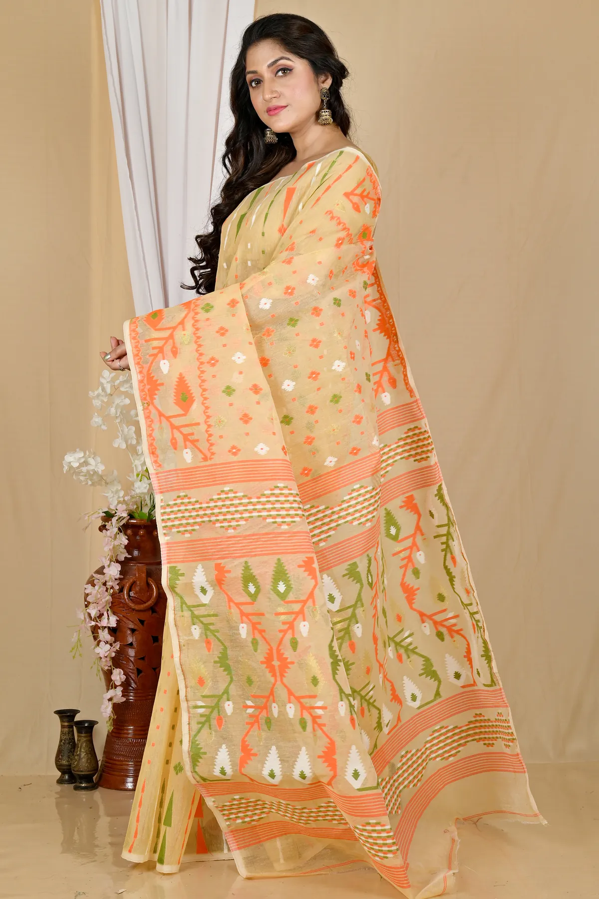 DipDiya Blended Cotton Cream Rapkol Tradition in Every Thread Jamdani Sarees