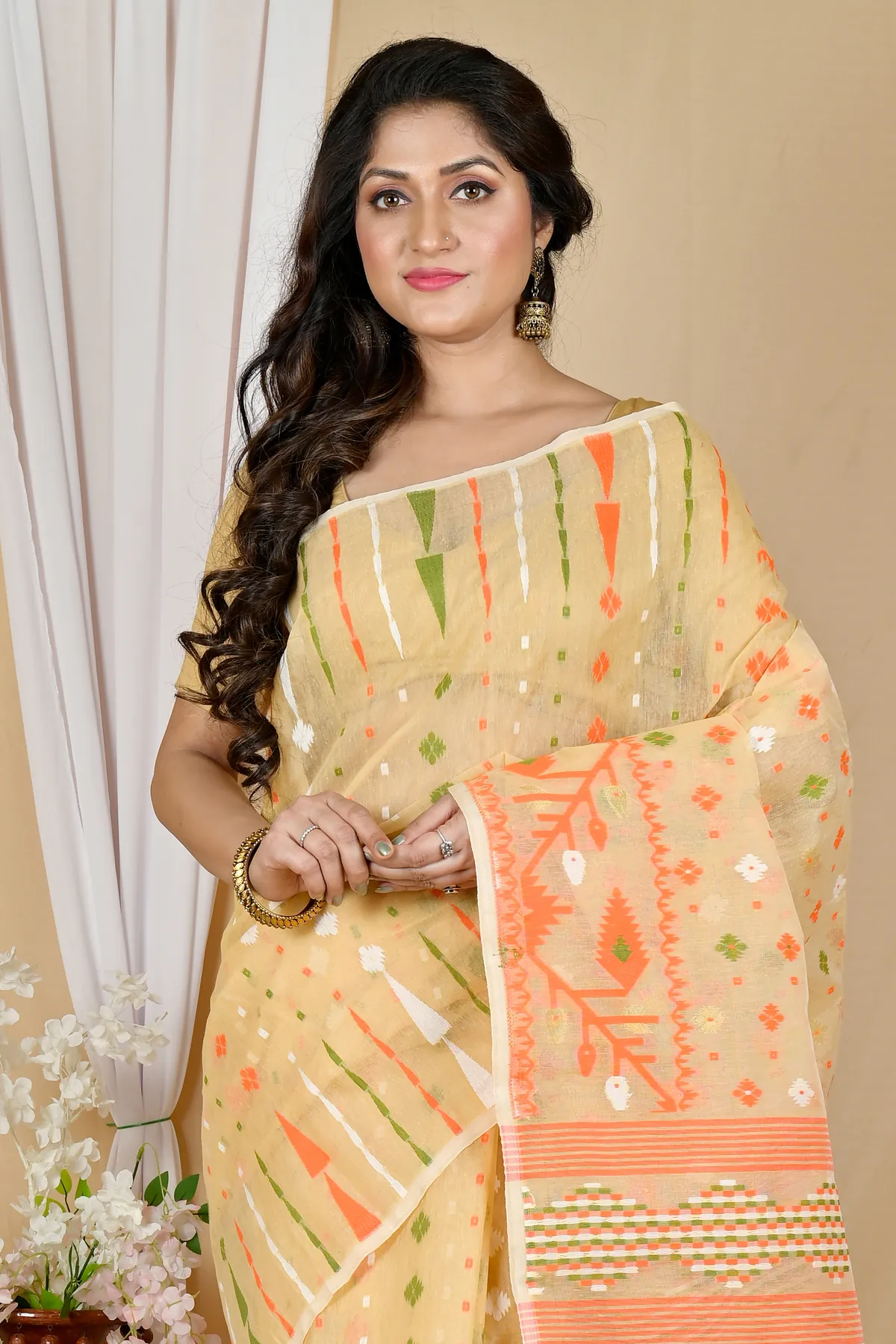 DipDiya Blended Cotton Cream Rapkol Tradition in Every Thread Jamdani Sarees