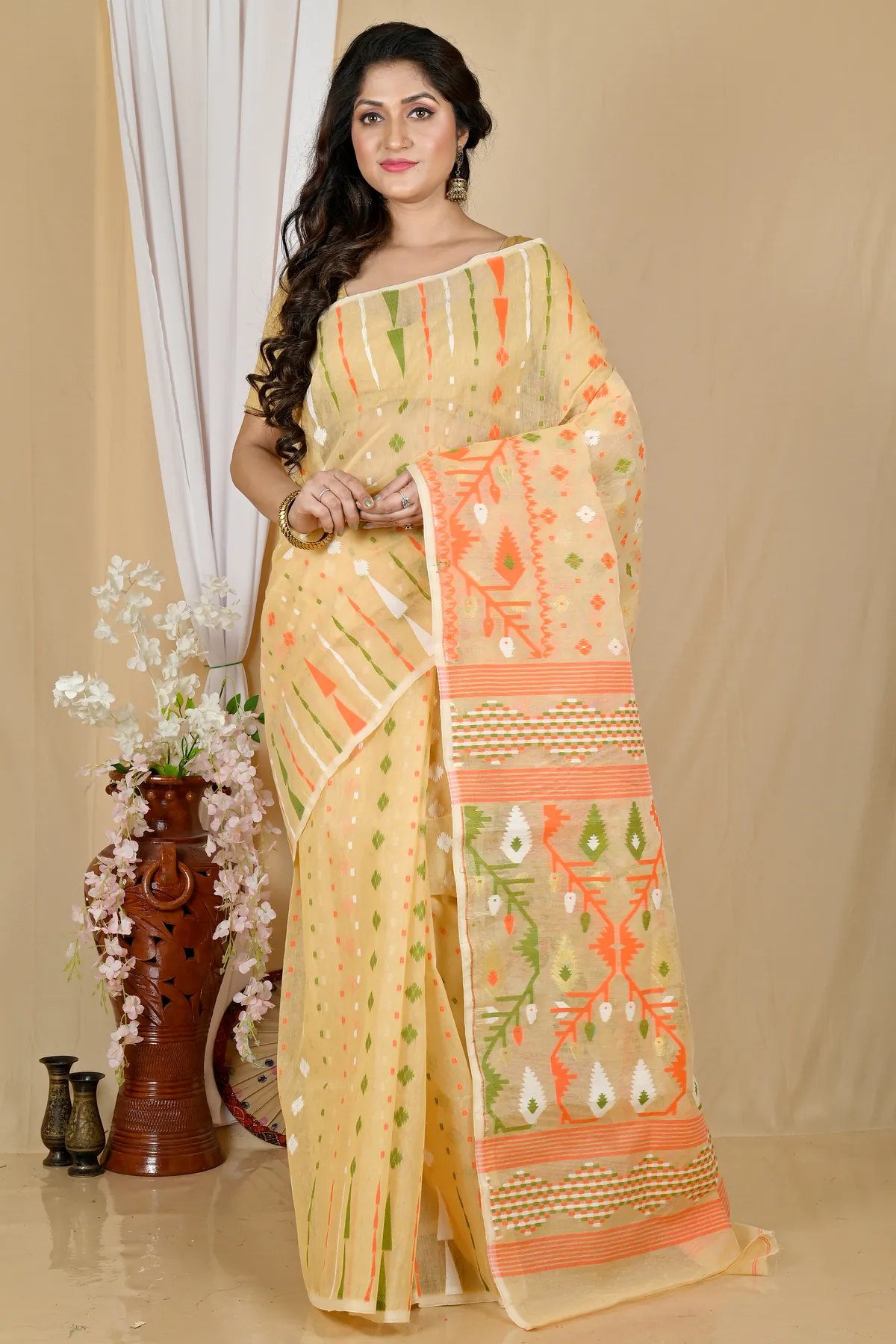 DipDiya Blended Cotton Cream Rapkol Tradition in Every Thread Jamdani Sarees