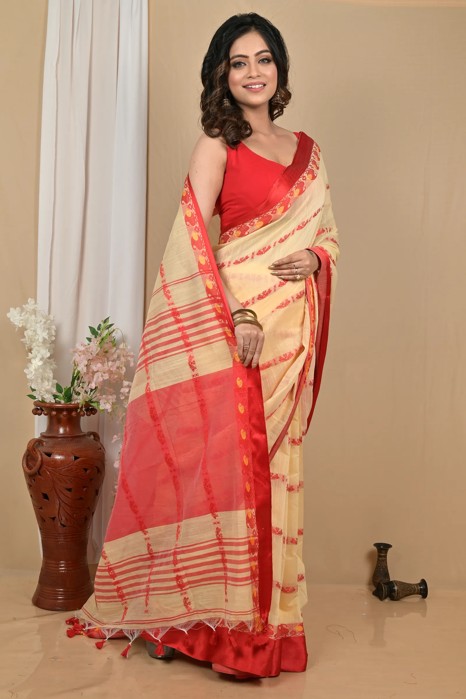 DipDiya Blended Cotton Cream Red Achsit Bengal’s Legacy Handloom Sarees