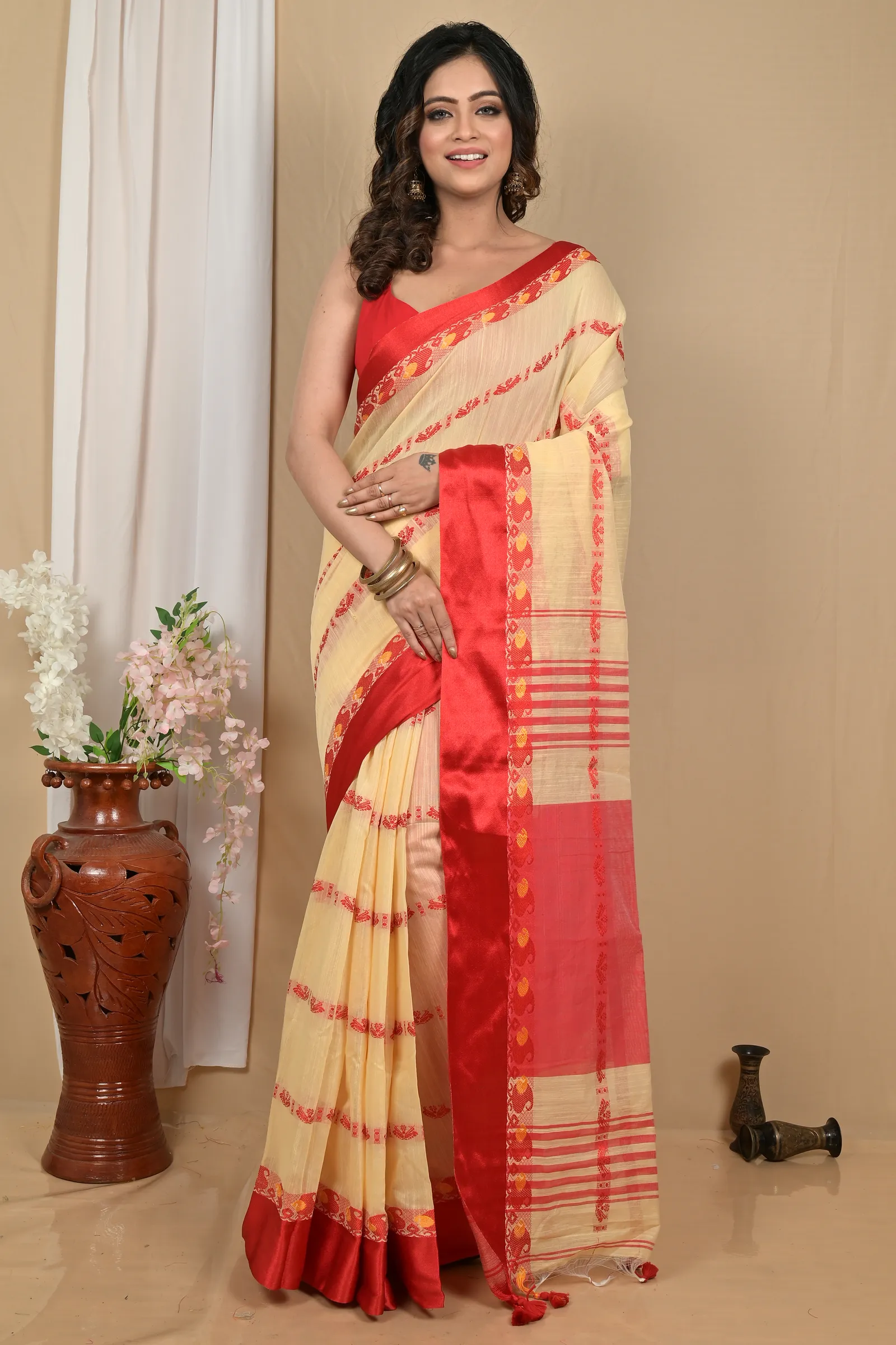 DipDiya Blended Cotton Cream Red Achsit Bengal’s Legacy Handloom Sarees