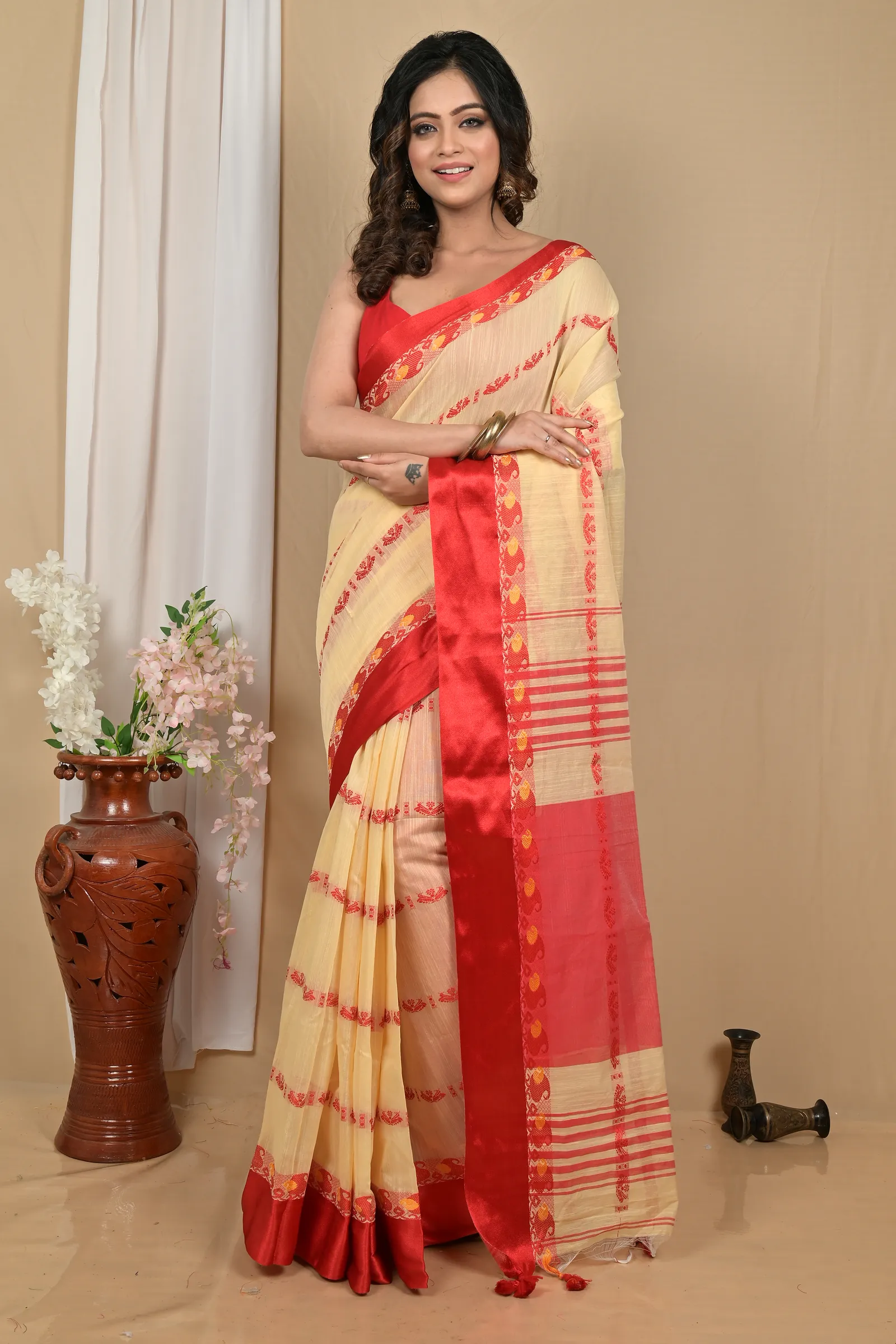 DipDiya Blended Cotton Cream Red Achsit Bengal’s Legacy Handloom Sarees