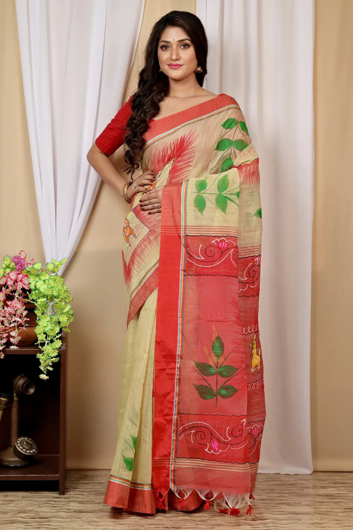 DipDiya Blended Cotton Cream Red Albela Regal Bengali Hand Painted Sarees