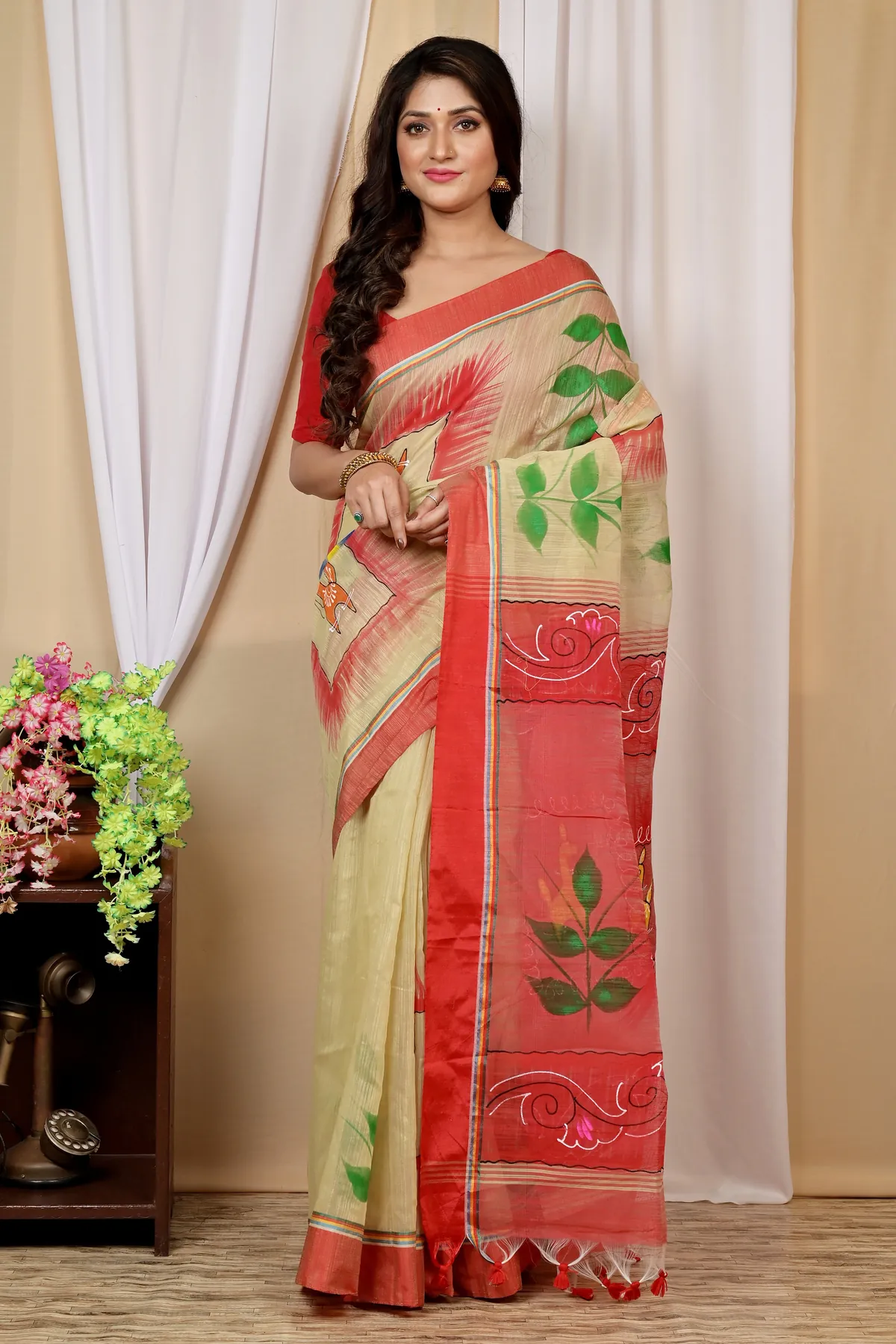 DipDiya Blended Cotton Cream Red Albela Regal Bengali Hand Painted Sarees