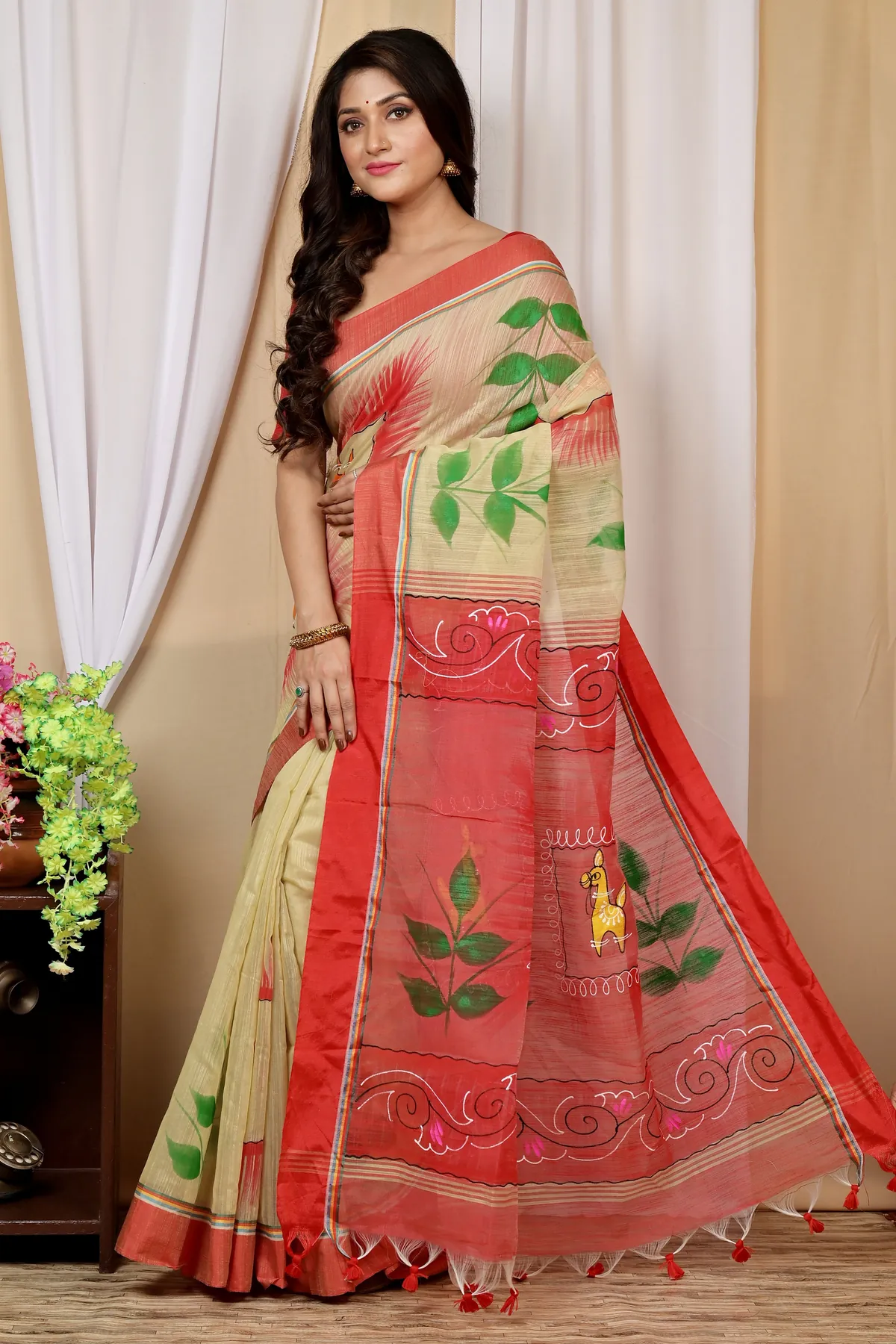 DipDiya Blended Cotton Cream Red Albela Regal Bengali Hand Painted Sarees