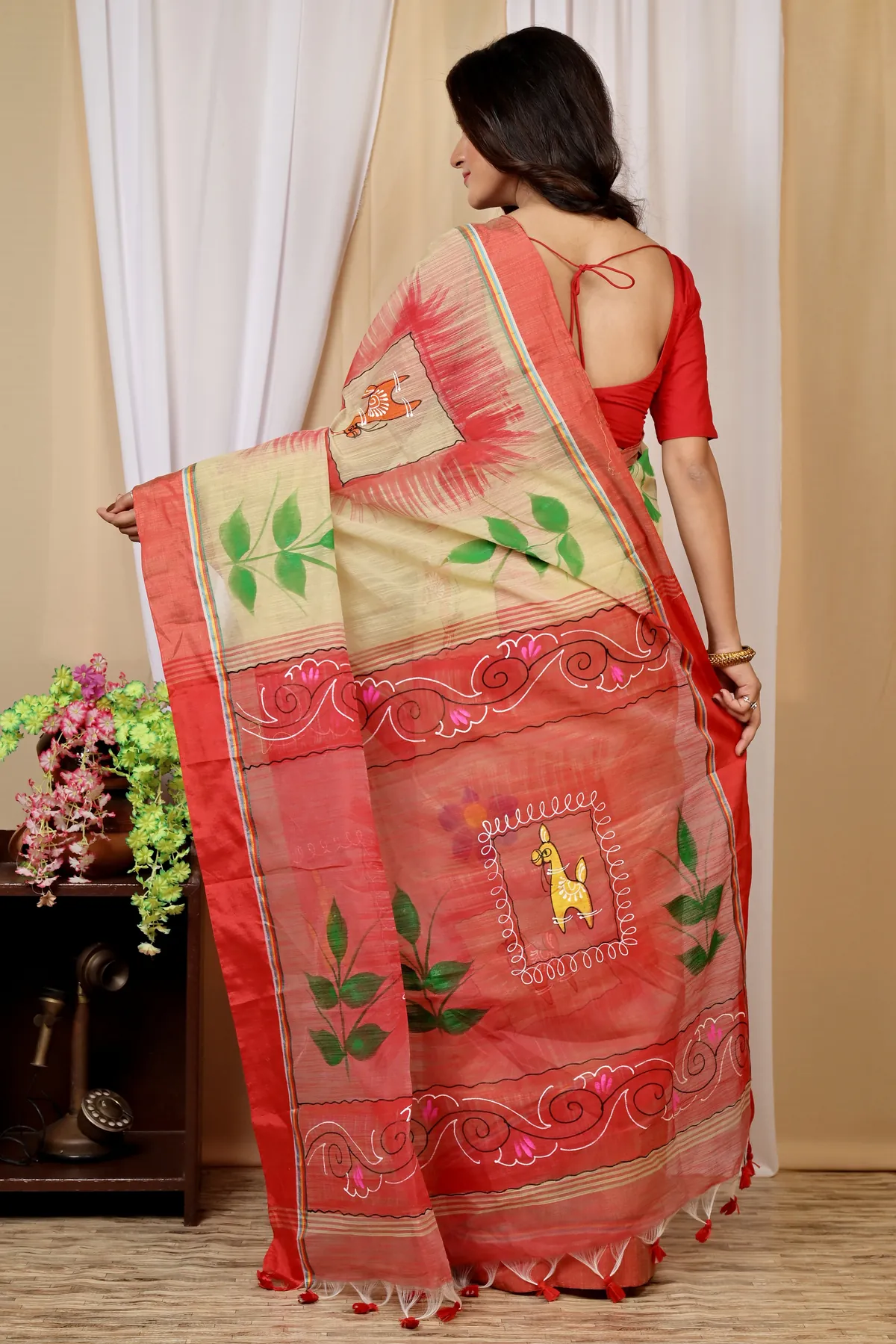 DipDiya Blended Cotton Cream Red Albela Regal Bengali Hand Painted Sarees