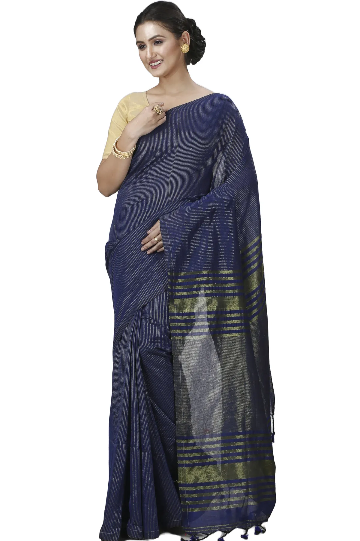 DipDiya Blended Cotton Dark Blue Tama Woven by Hand Handloom Sarees