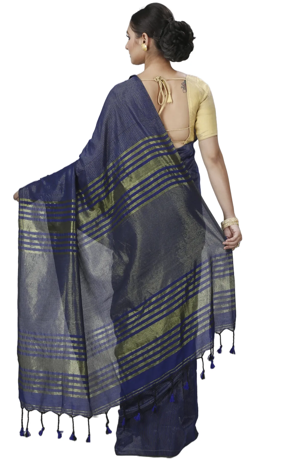 DipDiya Blended Cotton Dark Blue Tama Woven by Hand Handloom Sarees
