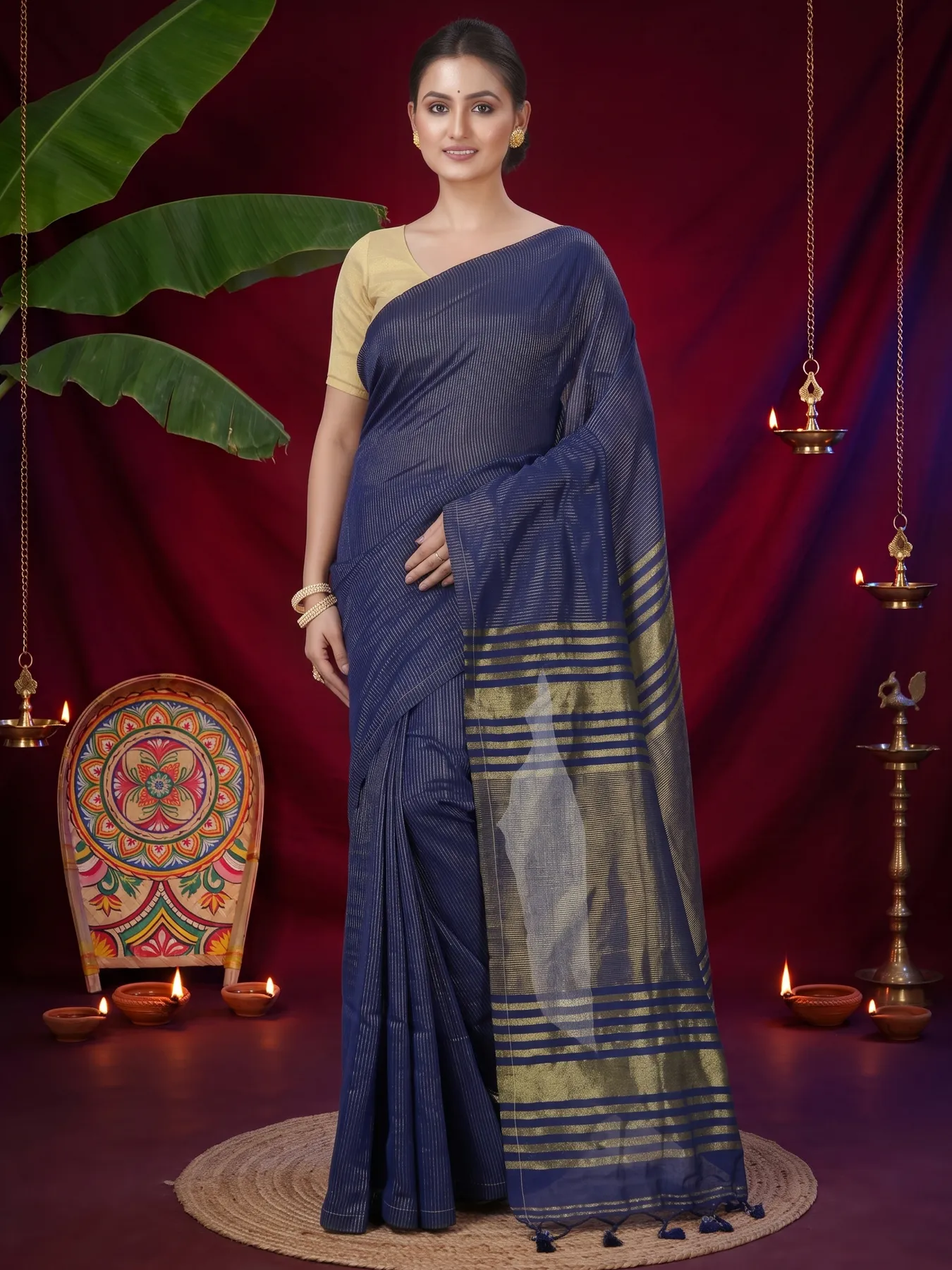 DipDiya Blended Cotton Dark Blue Tama Woven by Hand Handloom Sarees