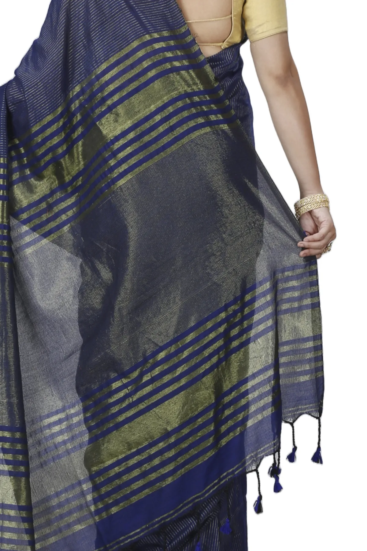 DipDiya Blended Cotton Dark Blue Tama Woven by Hand Handloom Sarees
