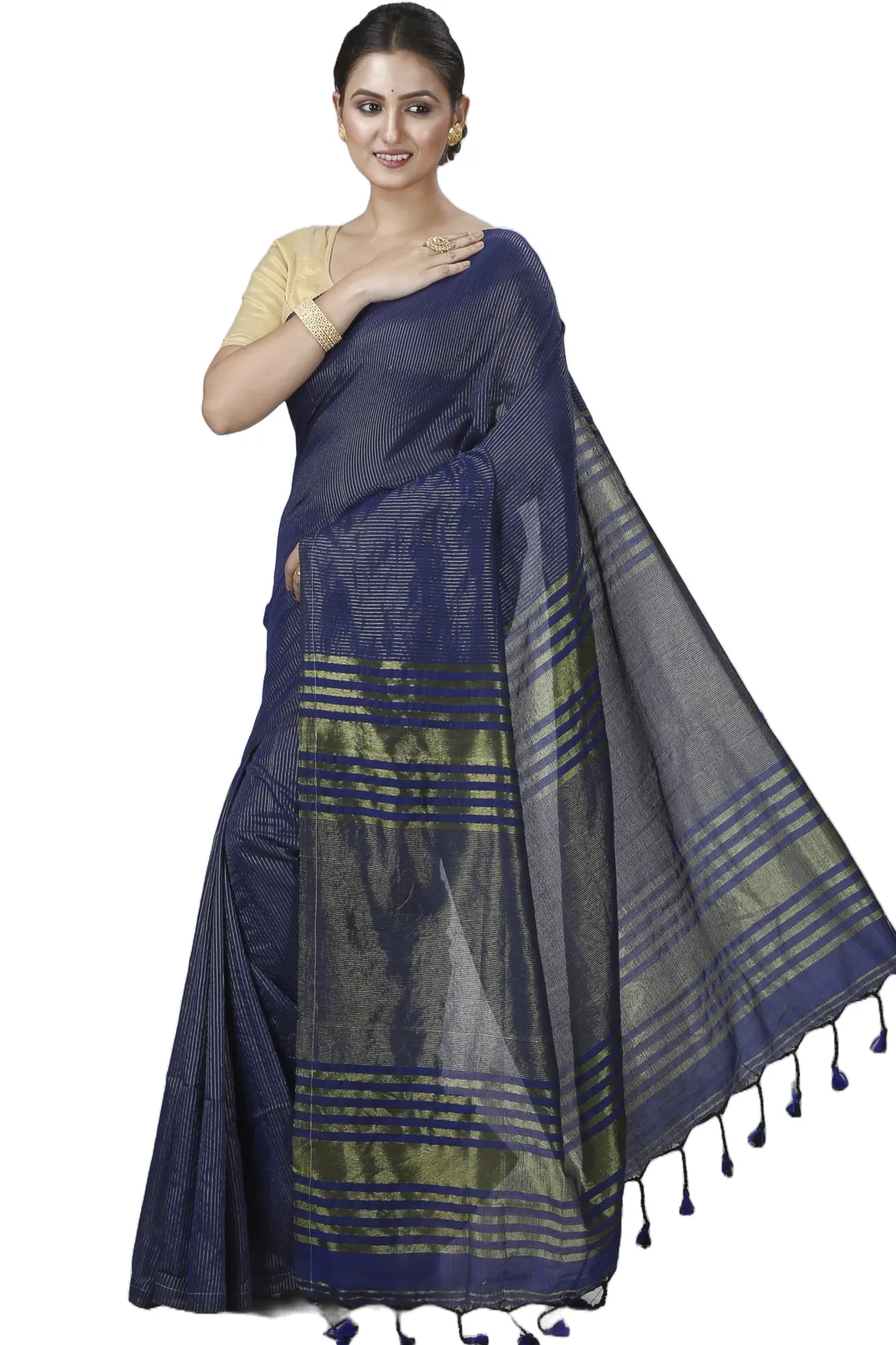 DipDiya Blended Cotton Dark Blue Tama Woven by Hand Handloom Sarees