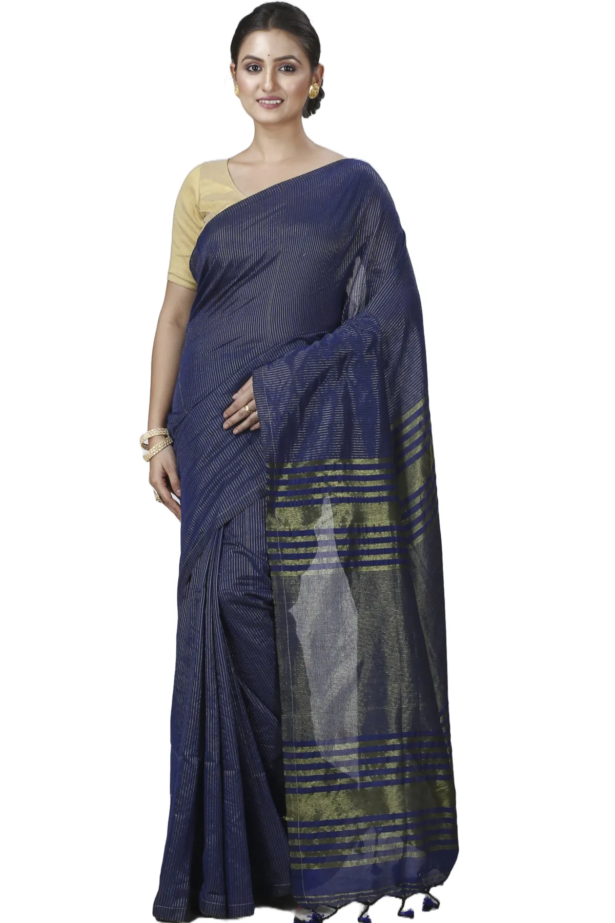DipDiya Blended Cotton Dark Blue Tama Woven by Hand Handloom Sarees