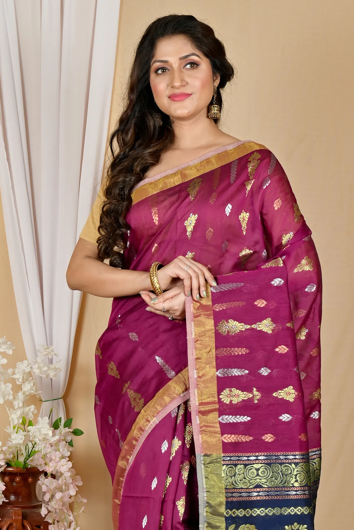 DipDiya Blended Cotton Dark Brown Samo Handloom Heritage Handloom Sarees