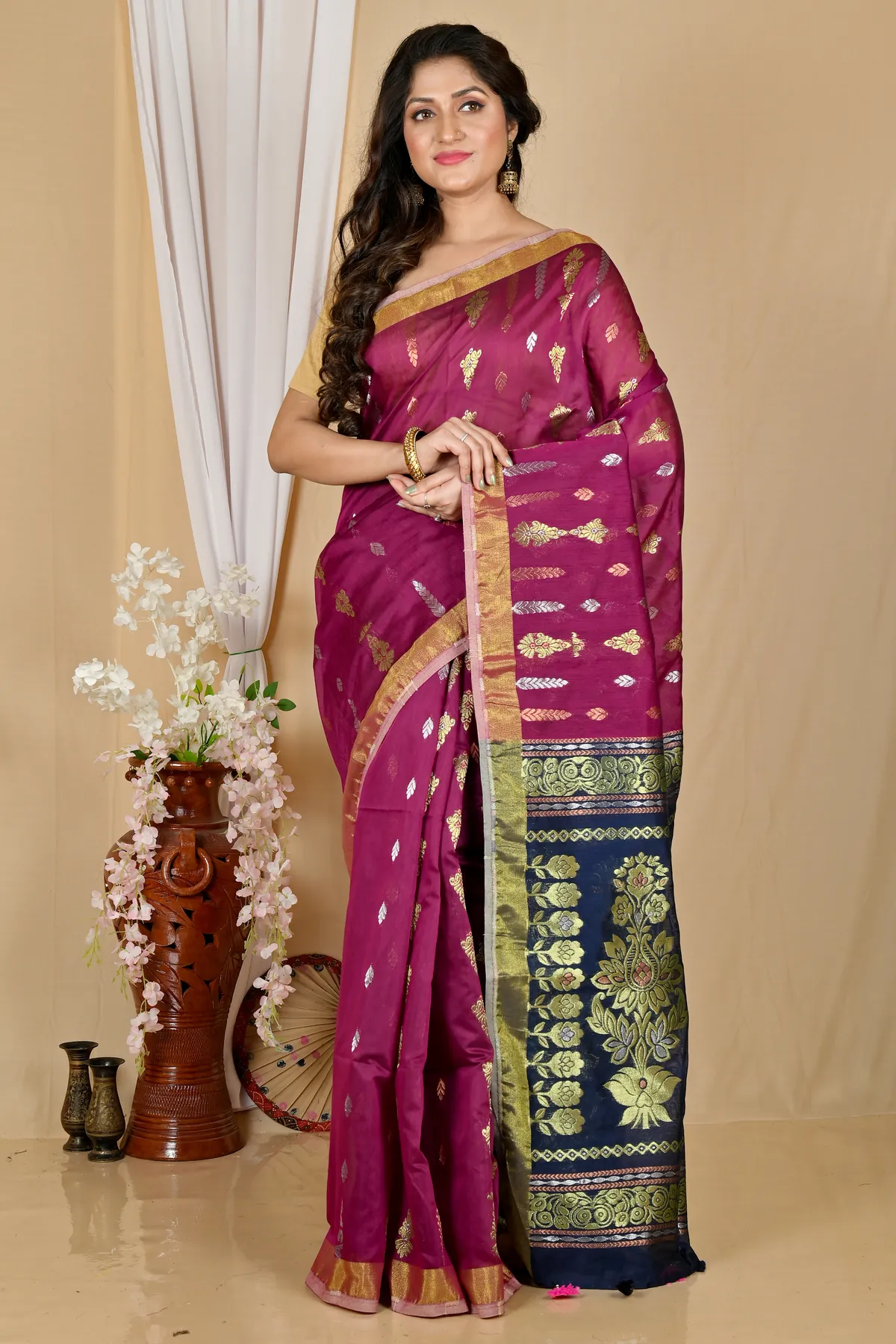 DipDiya Blended Cotton Dark Brown Samo Handloom Heritage Handloom Sarees