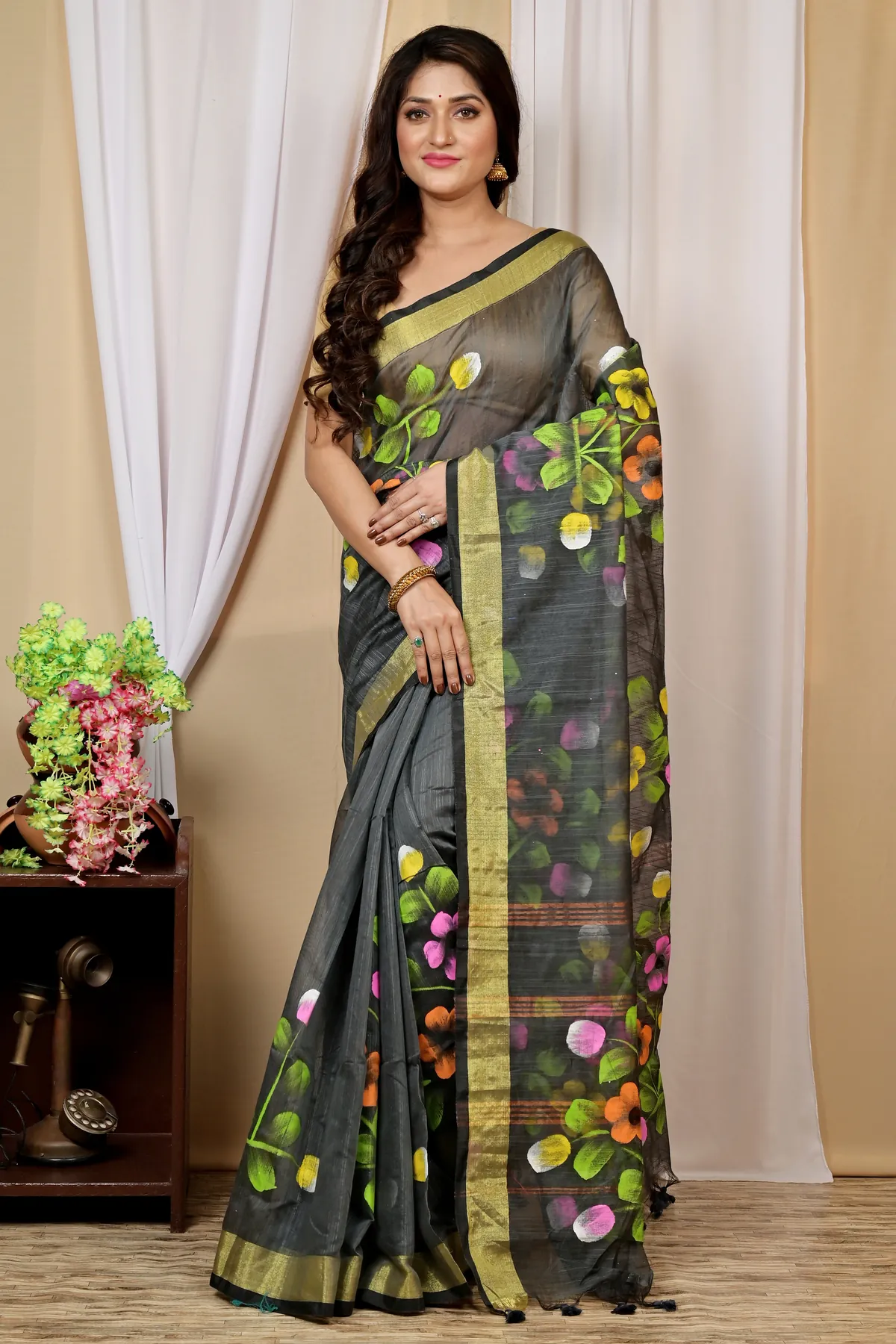 DipDiya Blended Cotton Dark Green Anito Tradition in Every Thread Hand Painted Sarees